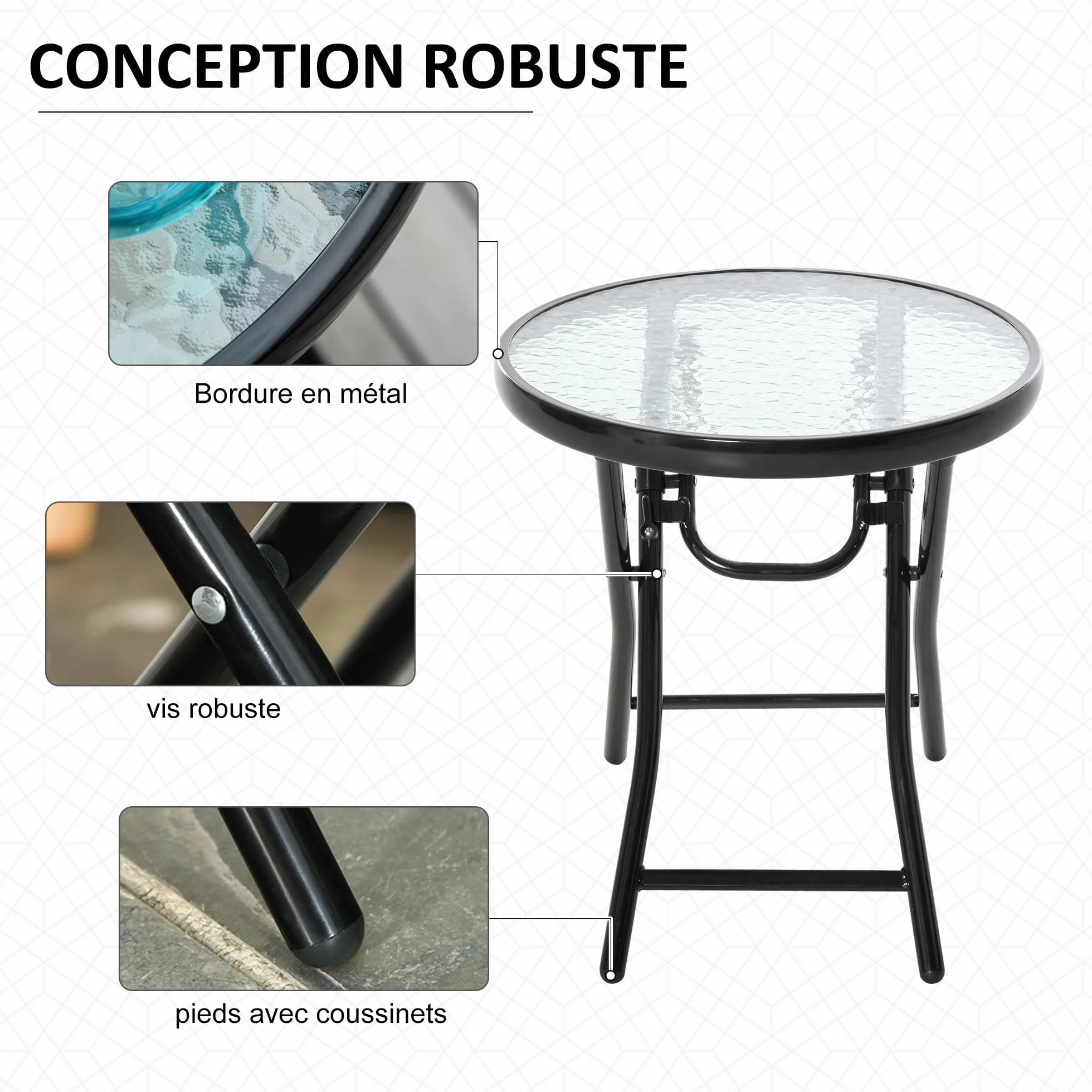 Outsunny Bistro de Jardin Table Basse Ronde Pliable 45 x 50 cm Métal Noir Verre Trempé