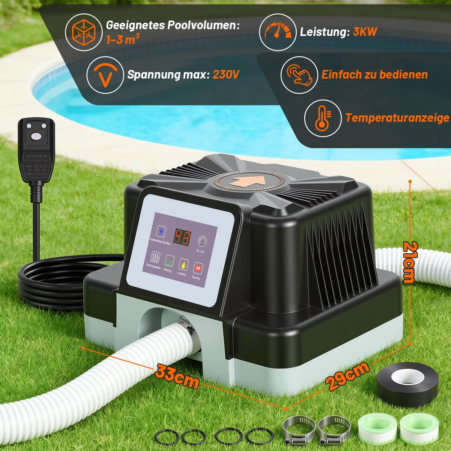 Daromigo Chauffage de piscine électrique 3000 W avec affichage numérique, réglage 37-45 °C, protection FI