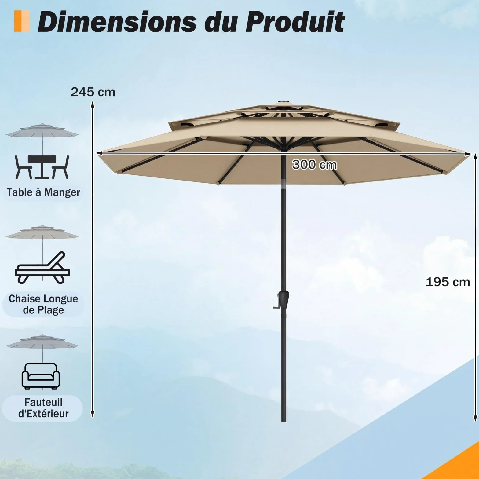 Parasol de Jardin 3M Inclinable RELAX4LIFE Toit Ventilé 3 Couches 8 Baleines Manivelle Protection Solaire Terrasse Balcon Beige