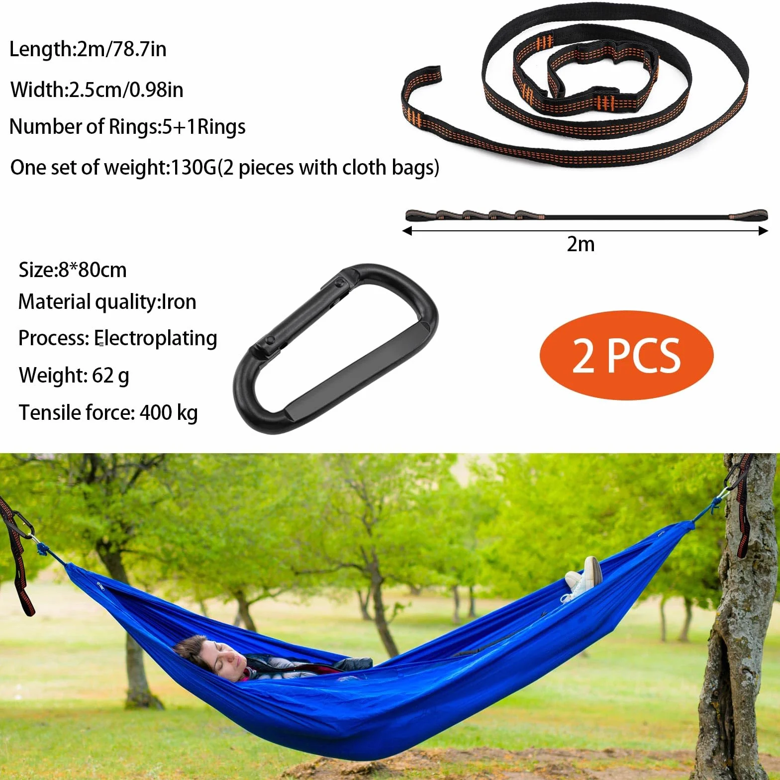 Sangles pour Hamac 2m 2,5cm 200 Kg avec Mousquetons Camping