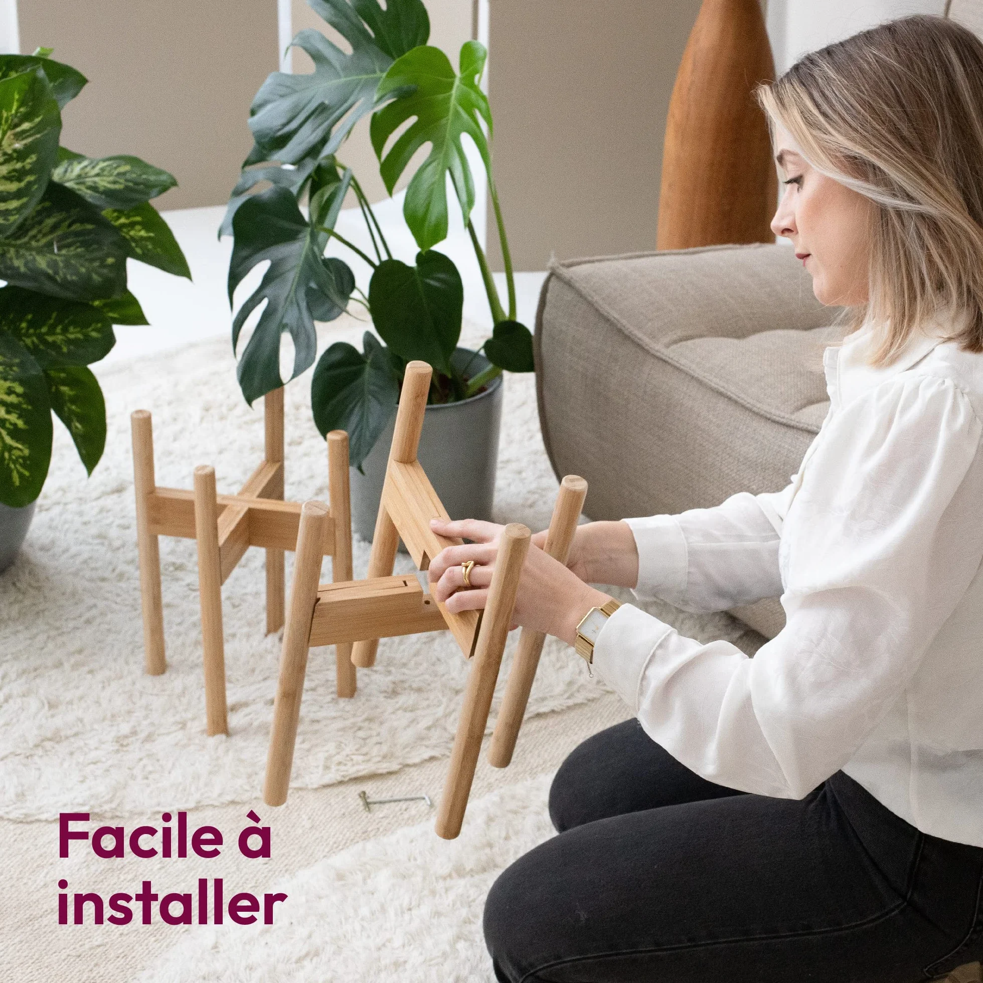 Gadgy Support pour Plantes Intérieur Bambou Réglable Ensemble 2 Pièces Pots Ø 20-30 cm Décoration Maison Moderne