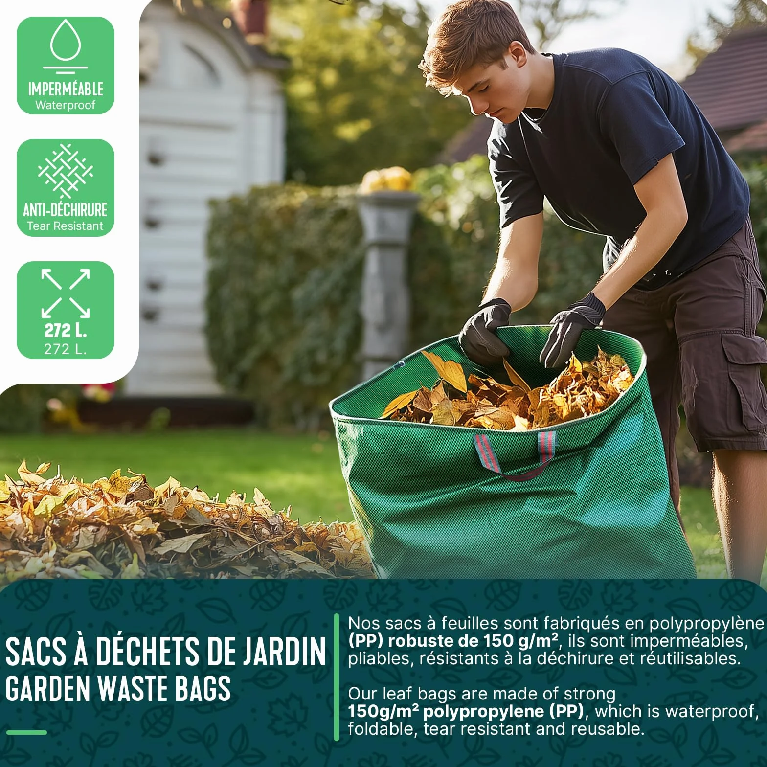 VOUNOT® Sacs à Déchets XXL 272Lx6 Jardin Réutilisables avec Poignées PP Pliables