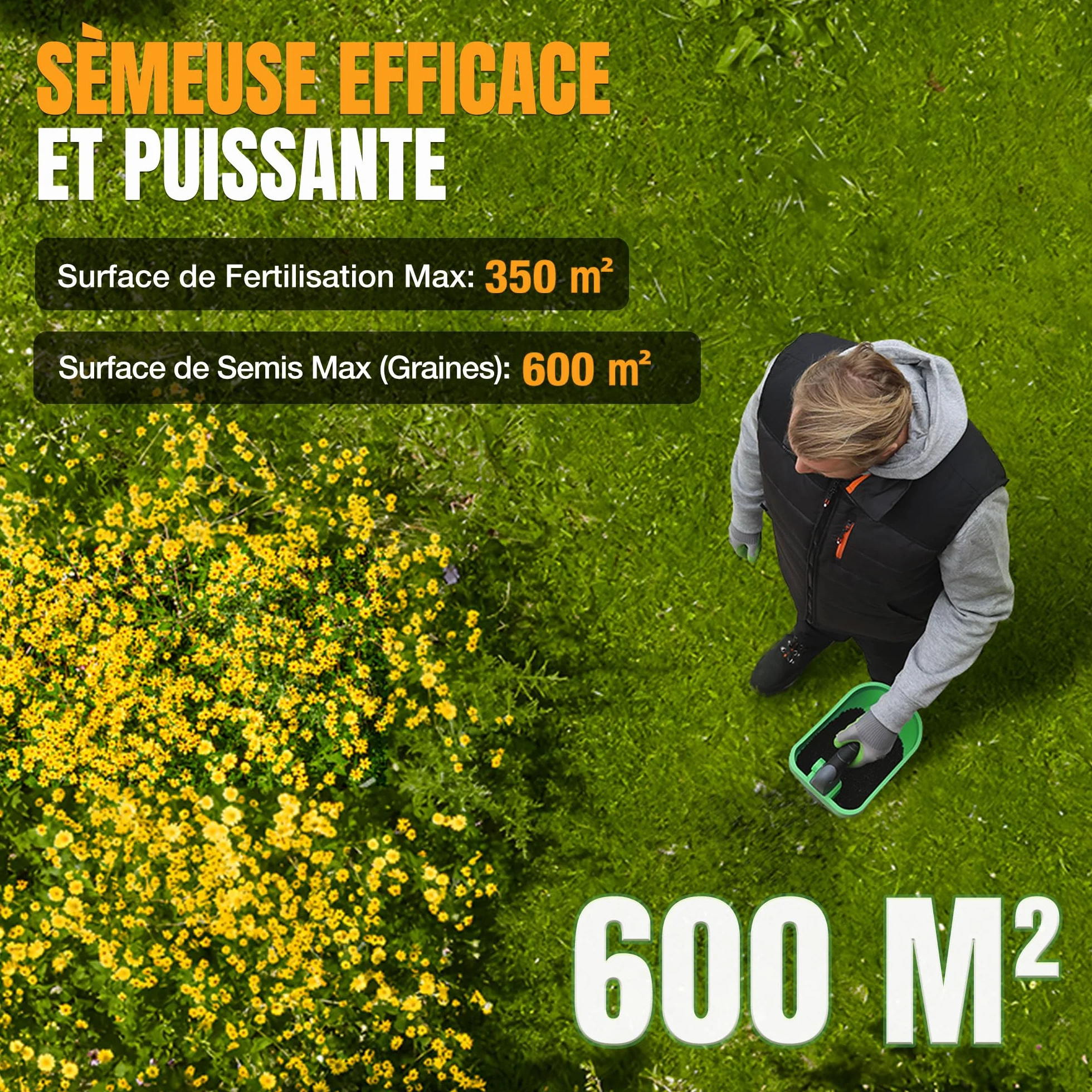WORKPROX Épandeur de Graines Électrique 7,2 V 8 Débits 6 Vitesses Largeur Réglable Batterie Intégrée 2,0 Ah