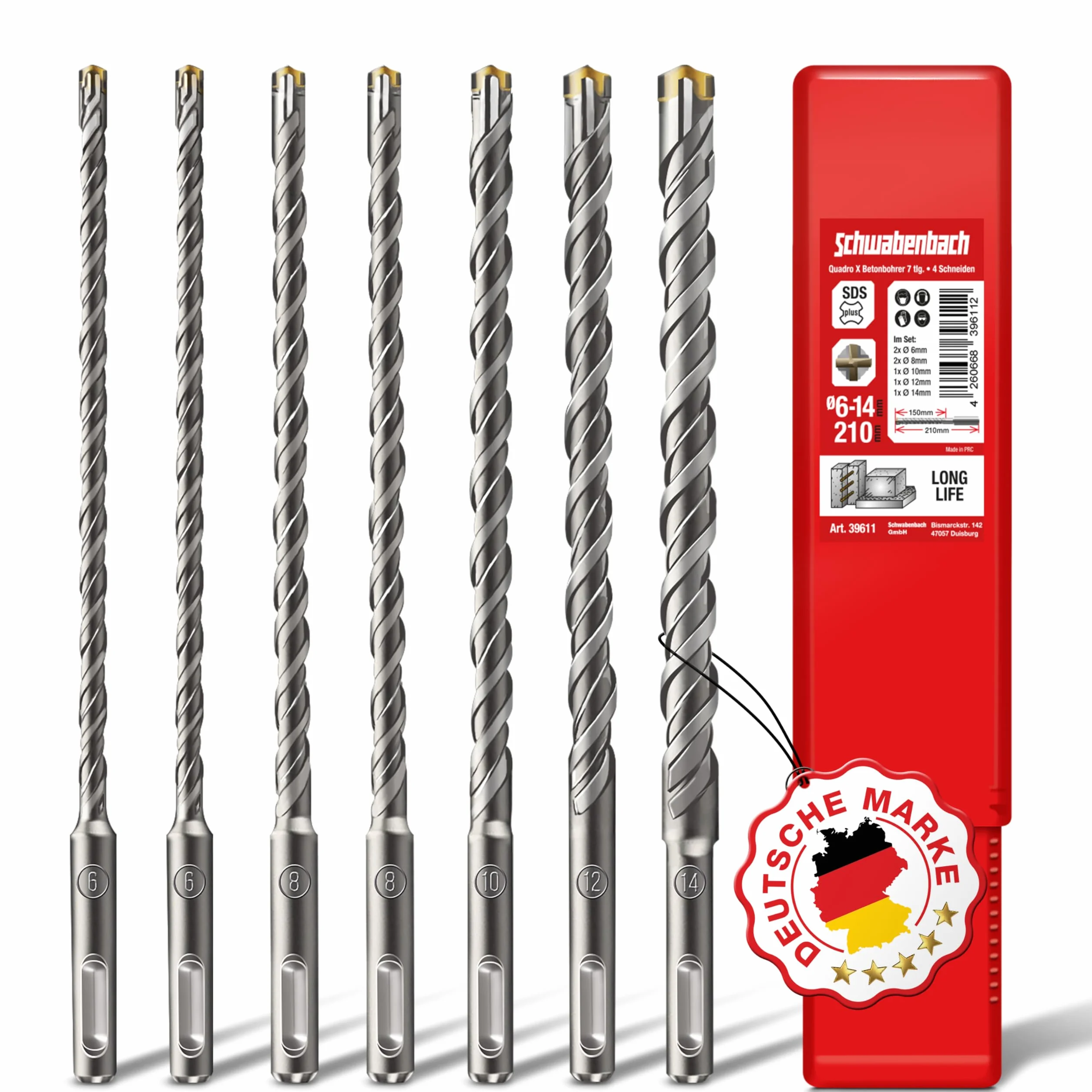 SCHWABENBACH® Foret SDS Plus Béton – Set de 7 Pièces – 6, 8, 10, 12, 14mm x 210 mm – Forets à Béton et Pierre de Haute Qualité – Compatibles Bosch, Hilti, Metabo