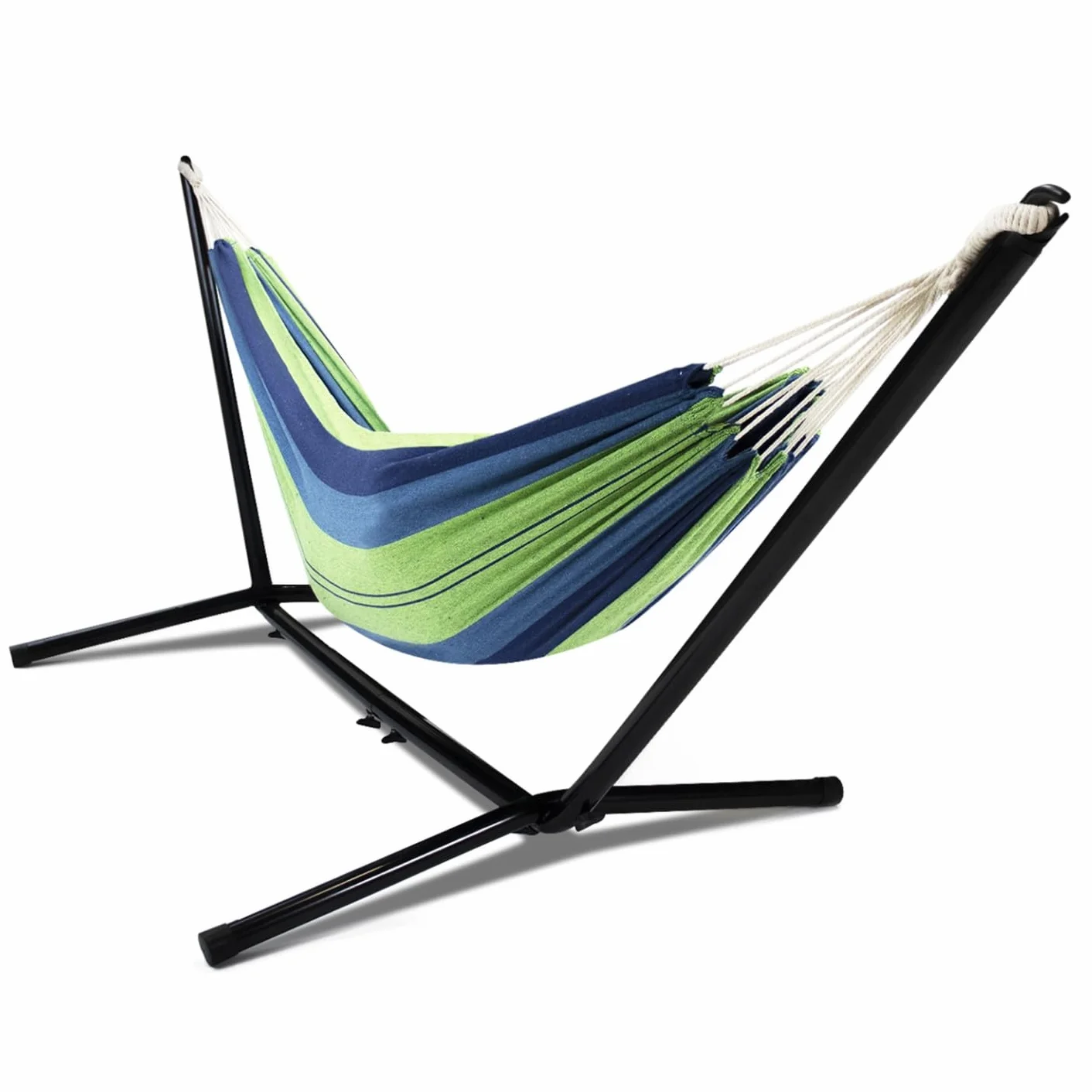 Hamac avec Support métal Noir et Toile rayée Bleue et Verte