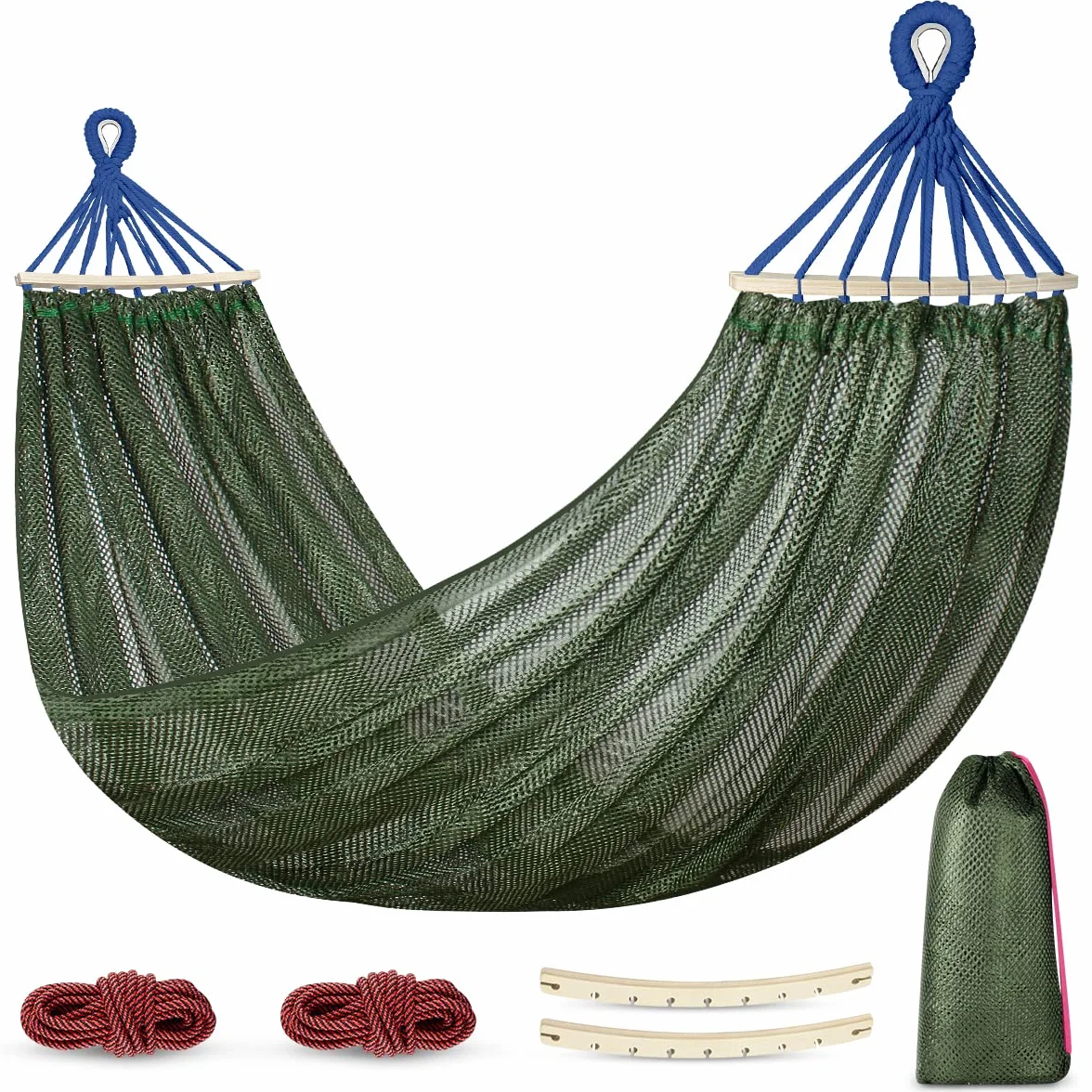 Hamac de Camping Respirant en Nylon Filet avec Barres Bois 290x150 cm Vert