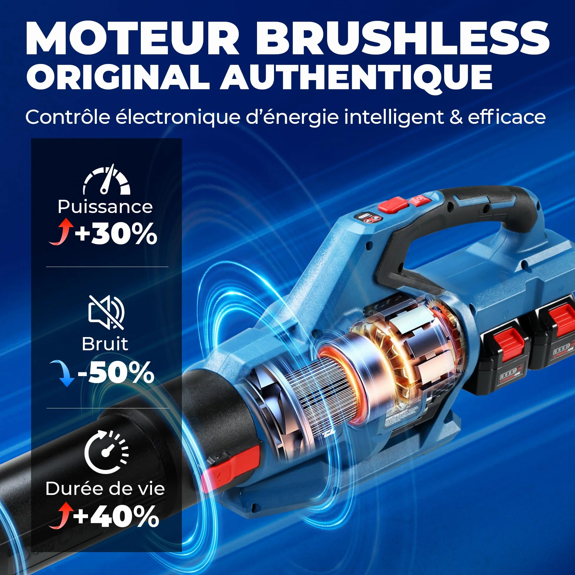 Dong Cheng Souffleur de Feuilles sans Fil 2x20V 1105 m³/h 225 km/h 6 Vitesses Mode Turbo 2x4,0Ah 3 Buses