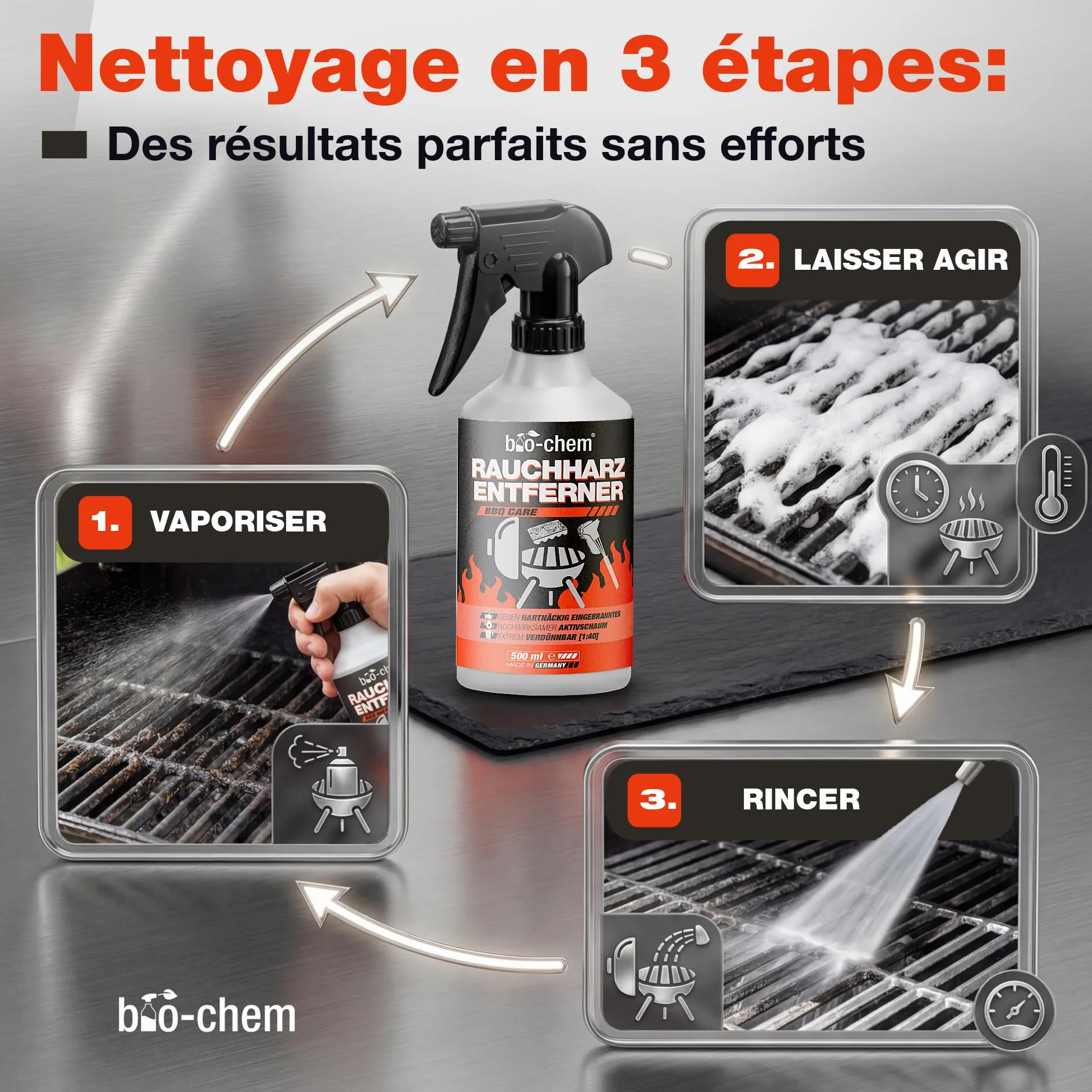 Bio-Chem Décapant résine de fumée 0,5L Nettoyant dégraissant 2 en 1 Vaporisateur pour Grill et Barbecue
