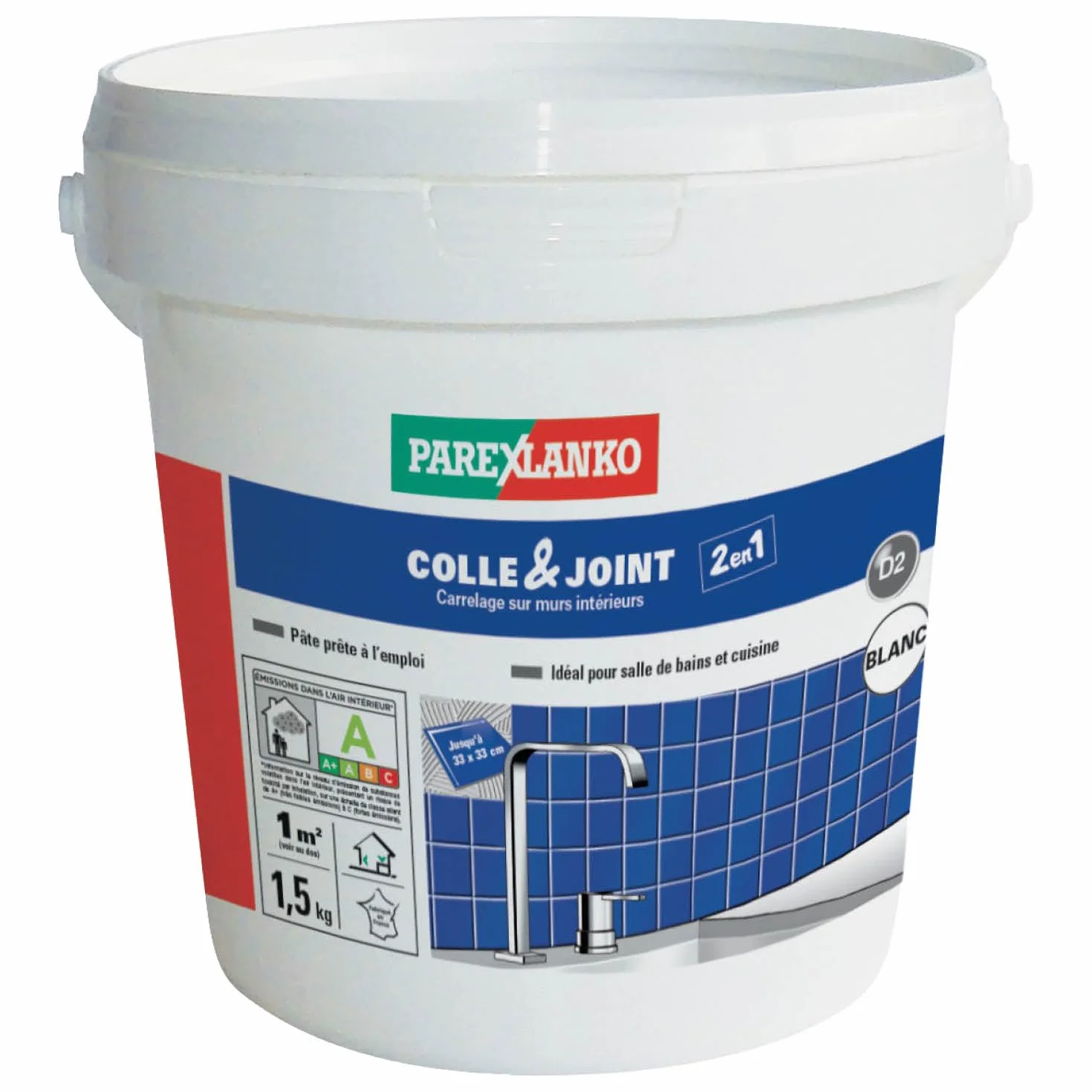 Parexlanko - Colle carrelage et joint en pâte - Colle & Joint 2 en 1 - Blanc - Pour mur intérieur - Spécial pièces humides - Prête à l’emploi - 1,5kg