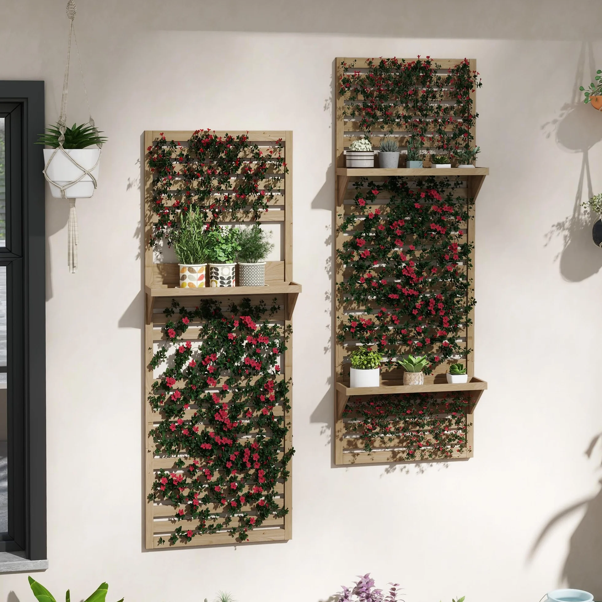 Outsunny Lot de 2 support plantes intérieur avec étagères suspendues et treillis en bois massif