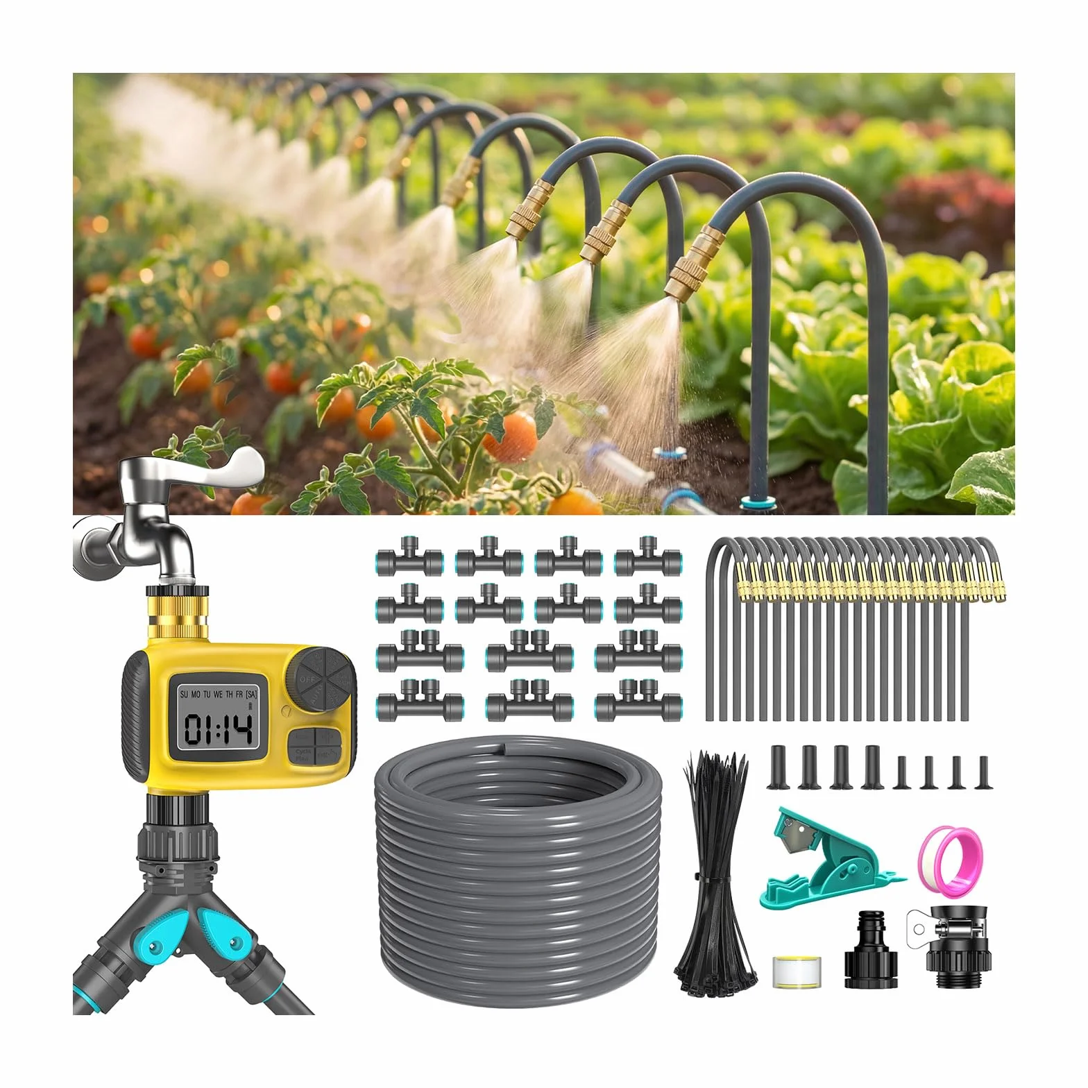 Kit d'irrigation goutte à goutte 30M avec programmateur, tuyau 1/2", 20 buses réglables 360°, arrosage automatique