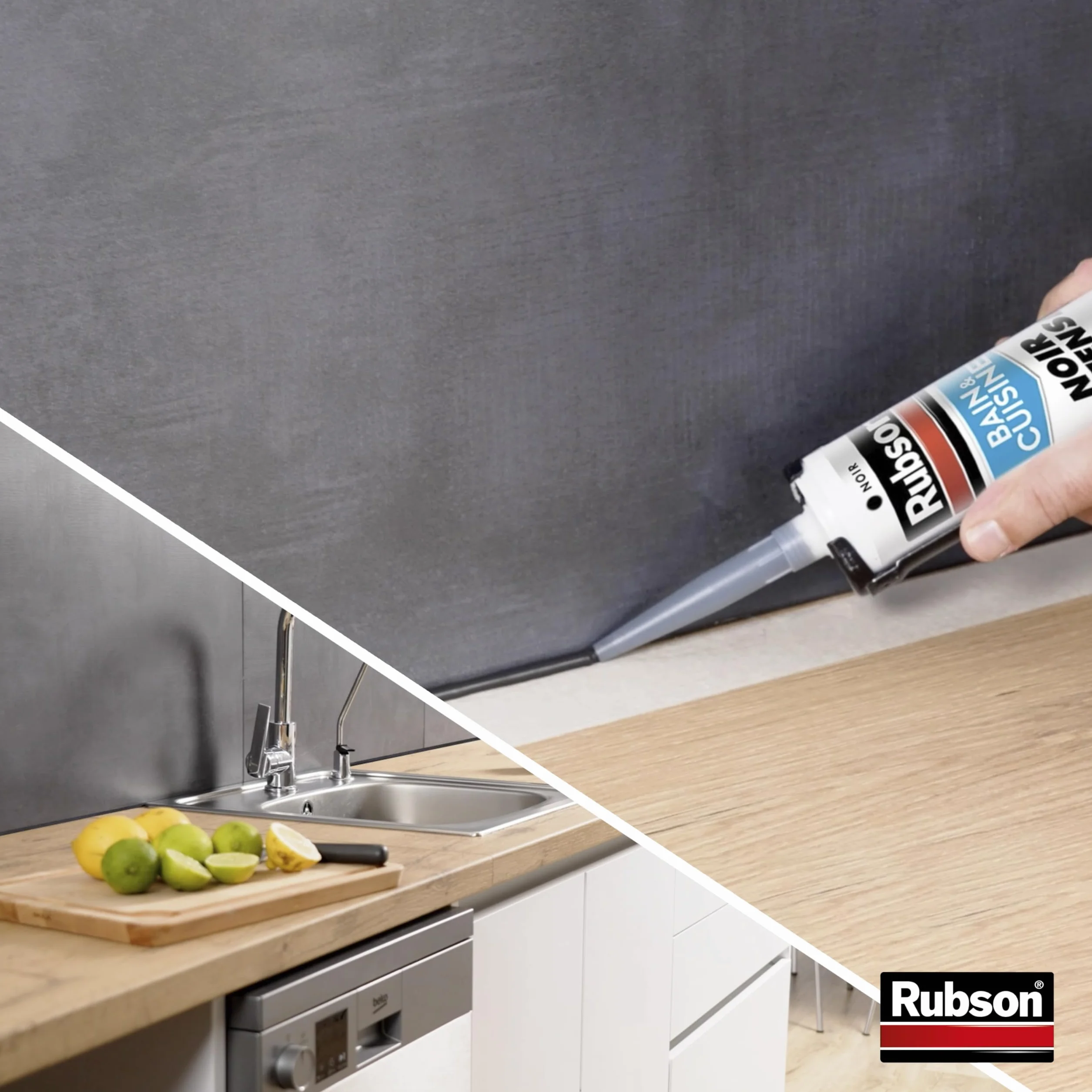Rubson – Mastic Bain & Cuisine Noir Intense (cartouche de 280 ml) – Joint silicone multi-matériaux renforcé en antifongiques – Mastic sanitaire coloré, souple & étanche