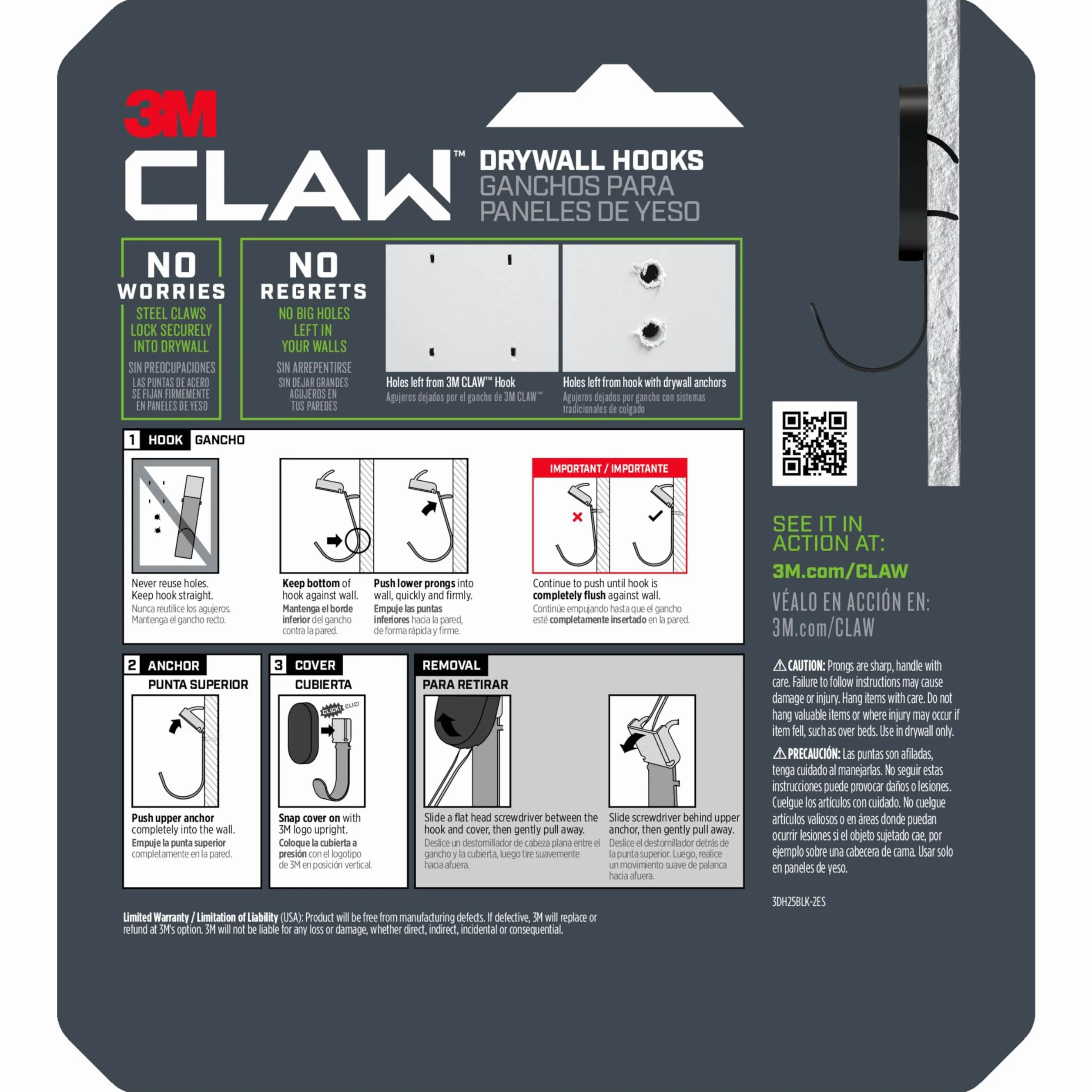 3M Claw (TM) 11,3 kg. 2 crochets noirs pour cloison sèche et 2 crochets pour tableaux, solution de suspension lourde pour sacs à dos, vestes, photos et décoration d'intérieur - Lot de 4