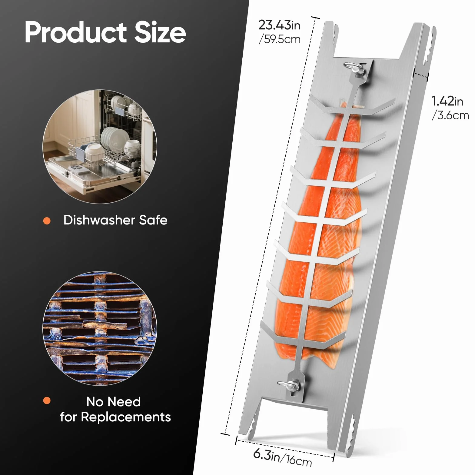 Planche à saumon flambée avec support en acier inoxydable, rotation 180°, pour brasero & barbecue, 23.43 x 6.3 x 1.42 Inch