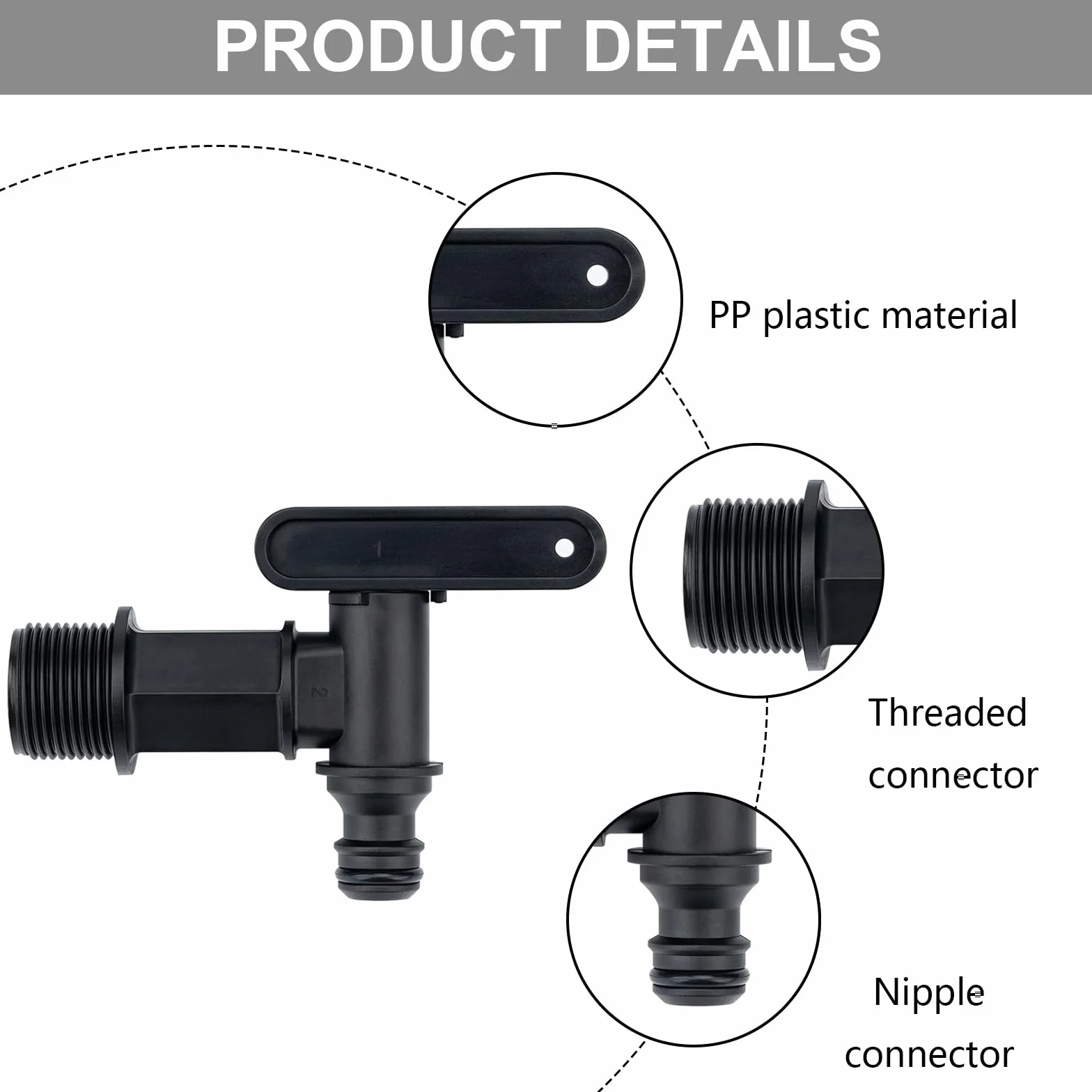 Lot de 2 robinets d'écoulement 3/4" pour citerne d'eau de pluie - Adaptateur récupérateur - Noir