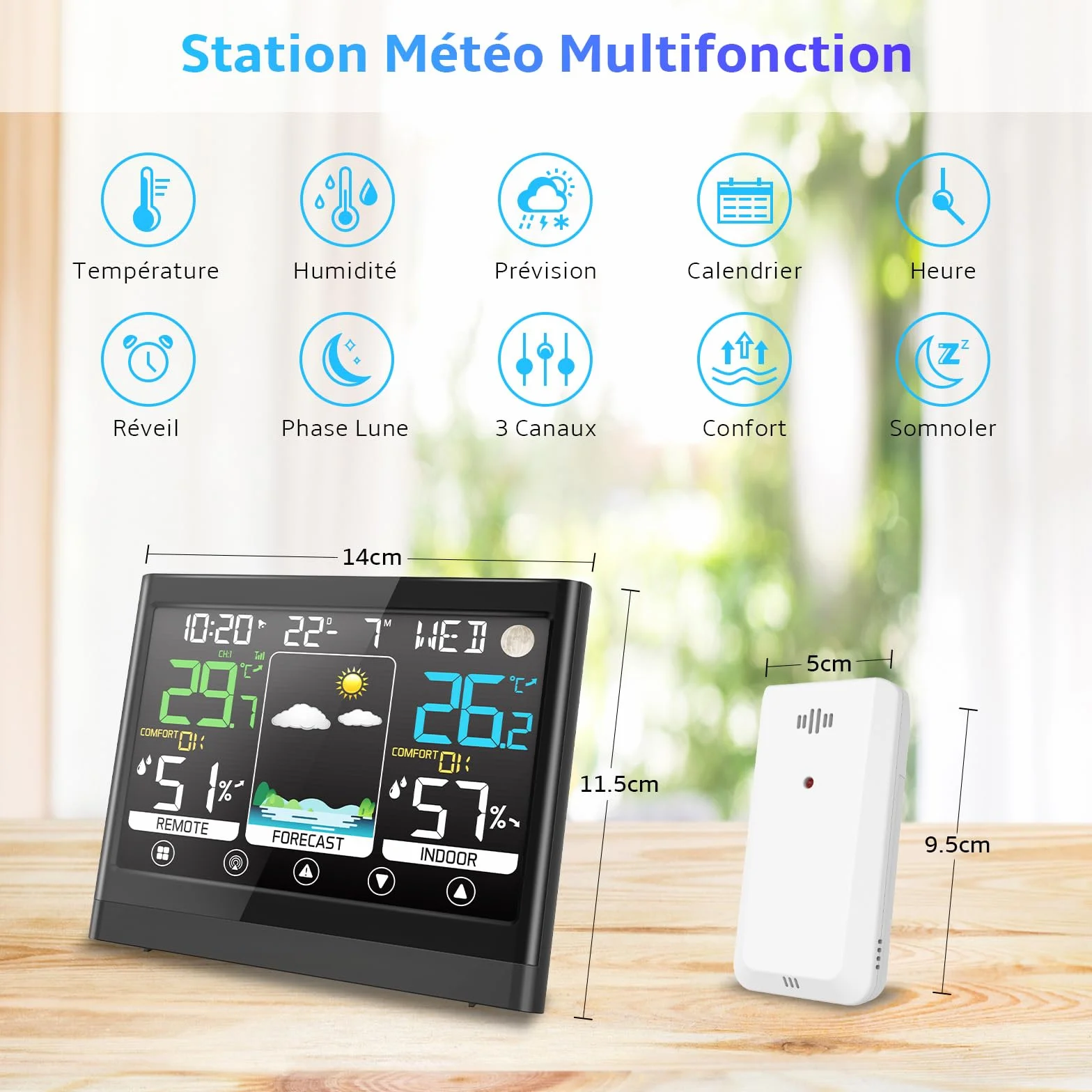 Station Météo Intérieur Extérieur Sans Fil avec Capteur Thermomètre Hygromètre LCD Écran Couleur Alerte Température Prévisions DCF Radio