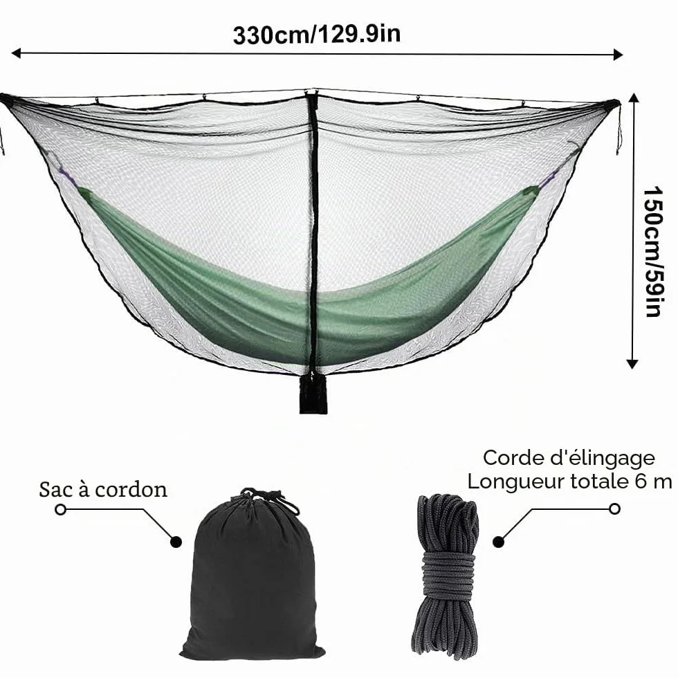Hamac de Camping avec Moustiquaire Anti-Insecte 360° Double Face Fermeture éclair Noir