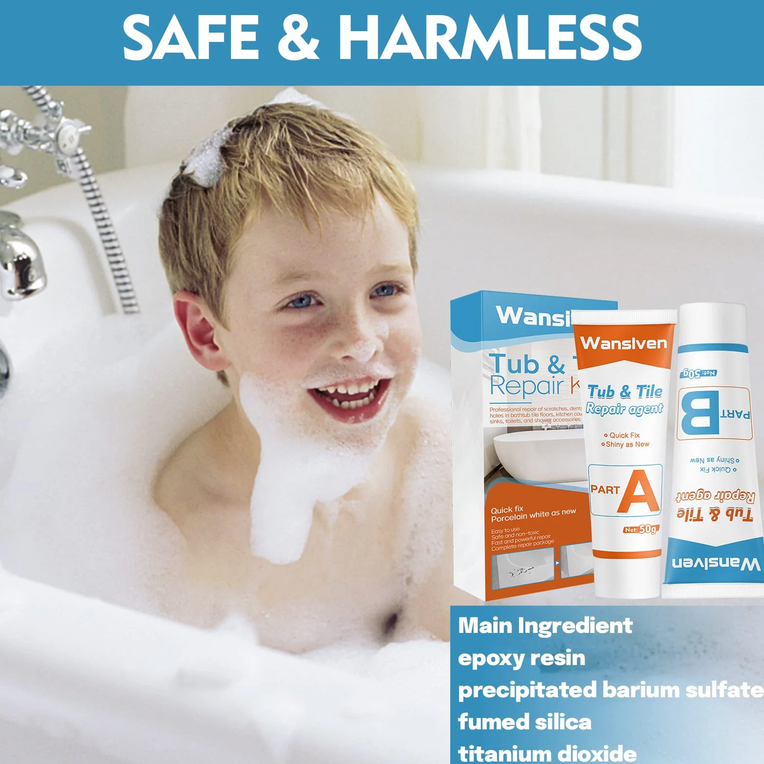Wansiven Kit de réparation de baignoire, kit de réparation de carrelage et douche en émail, kit de réparation de fissures de baignoire pour réparer les rayures, les trous, les fissures