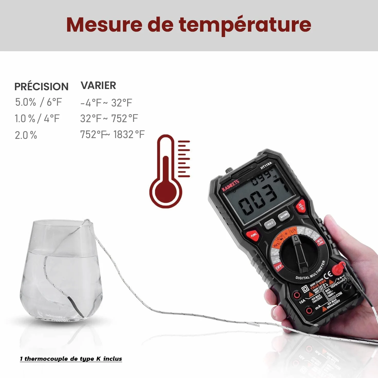KAIWEETS Multimètre Automatique Numérique, TRMS 6000 Comptes (Guide de Bornes LED), Ampèremètre, Testeur Electrique Professionnel, Température Capacimètre Tension/Courant CA/CC Résistance/Fréquence