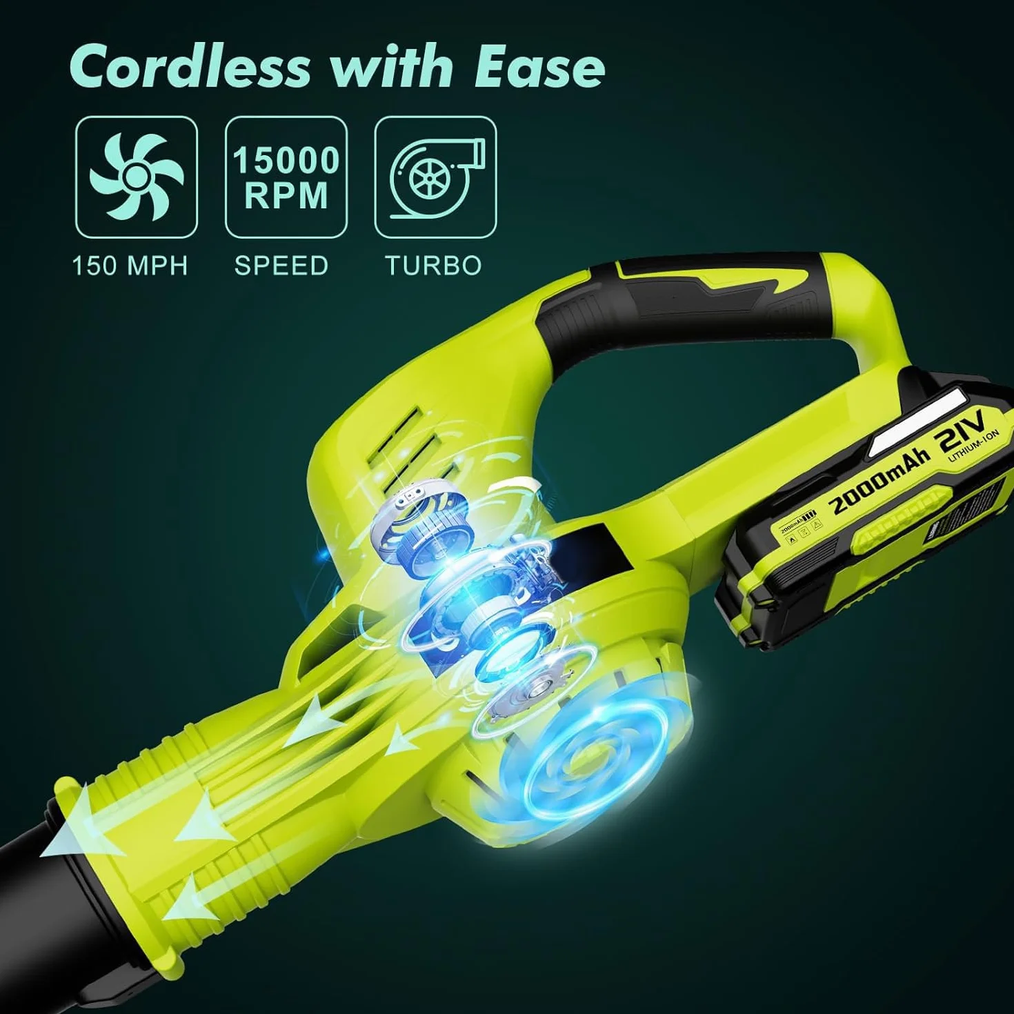Souffleur de Feuilles sans Fil 21V 4,0Ah 3000W 2 Modes de Vitesse Vert