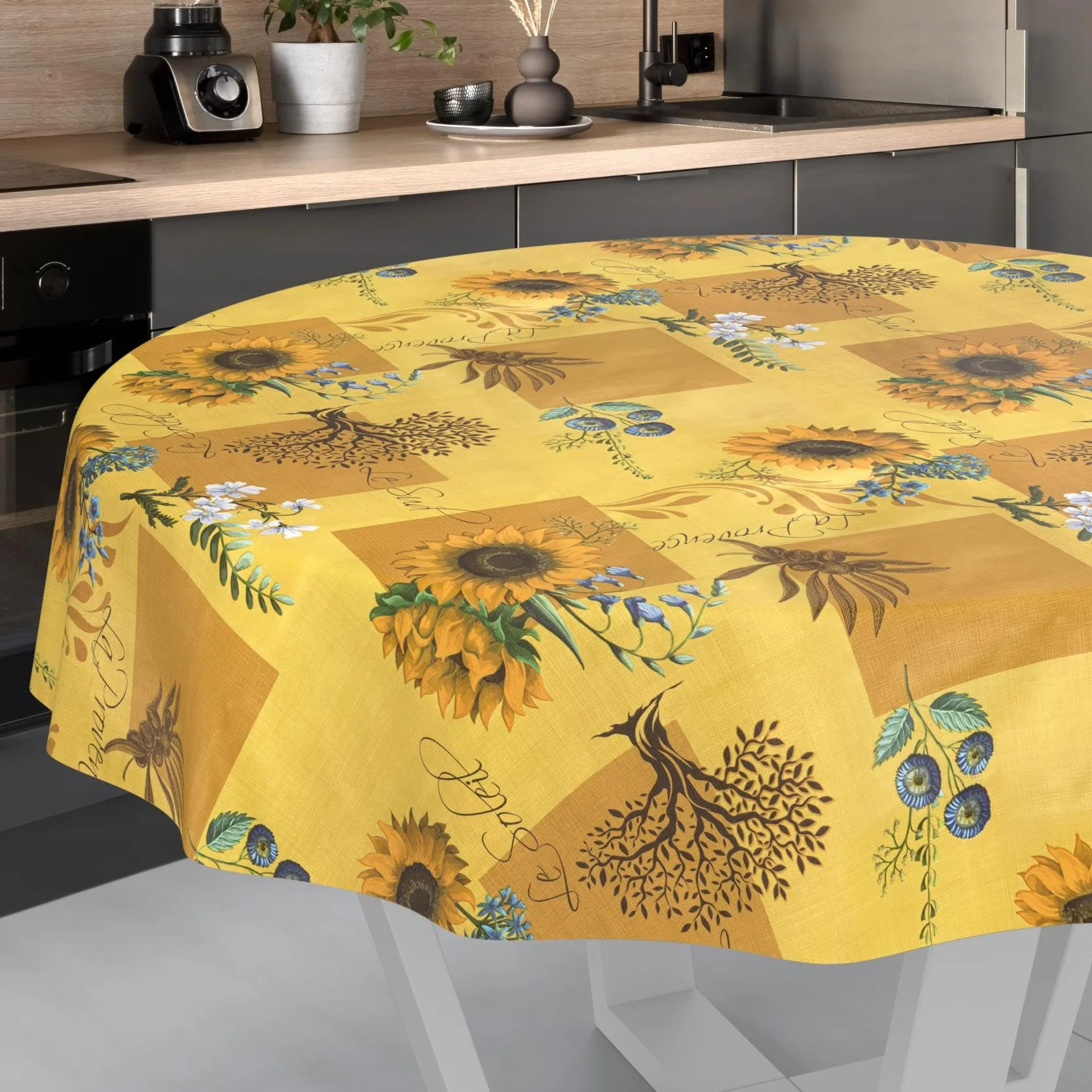 Nappe en Toile cirée Lavable imperméable Effet Lotus Motif Tournesol Ronde 140 cm