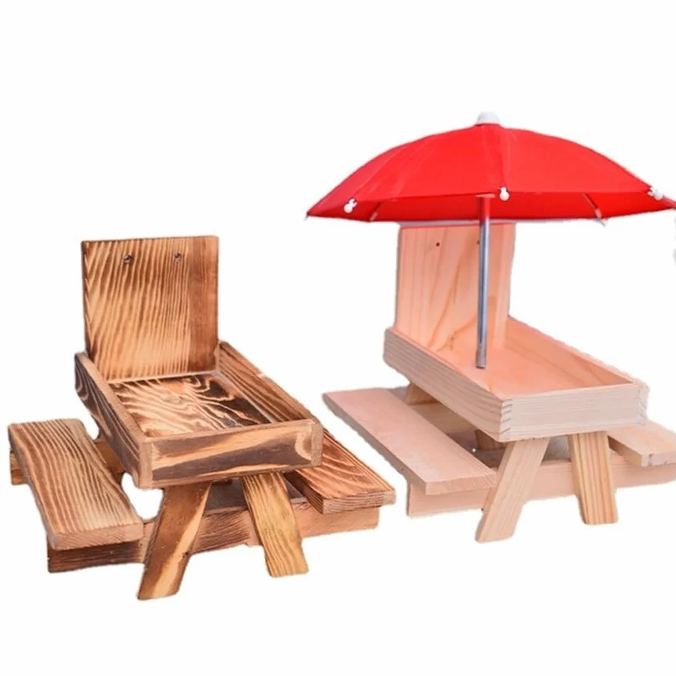 Mangeoire pour Écureuils en Bois avec Parasol et Banc, 18x21x18cm Marron