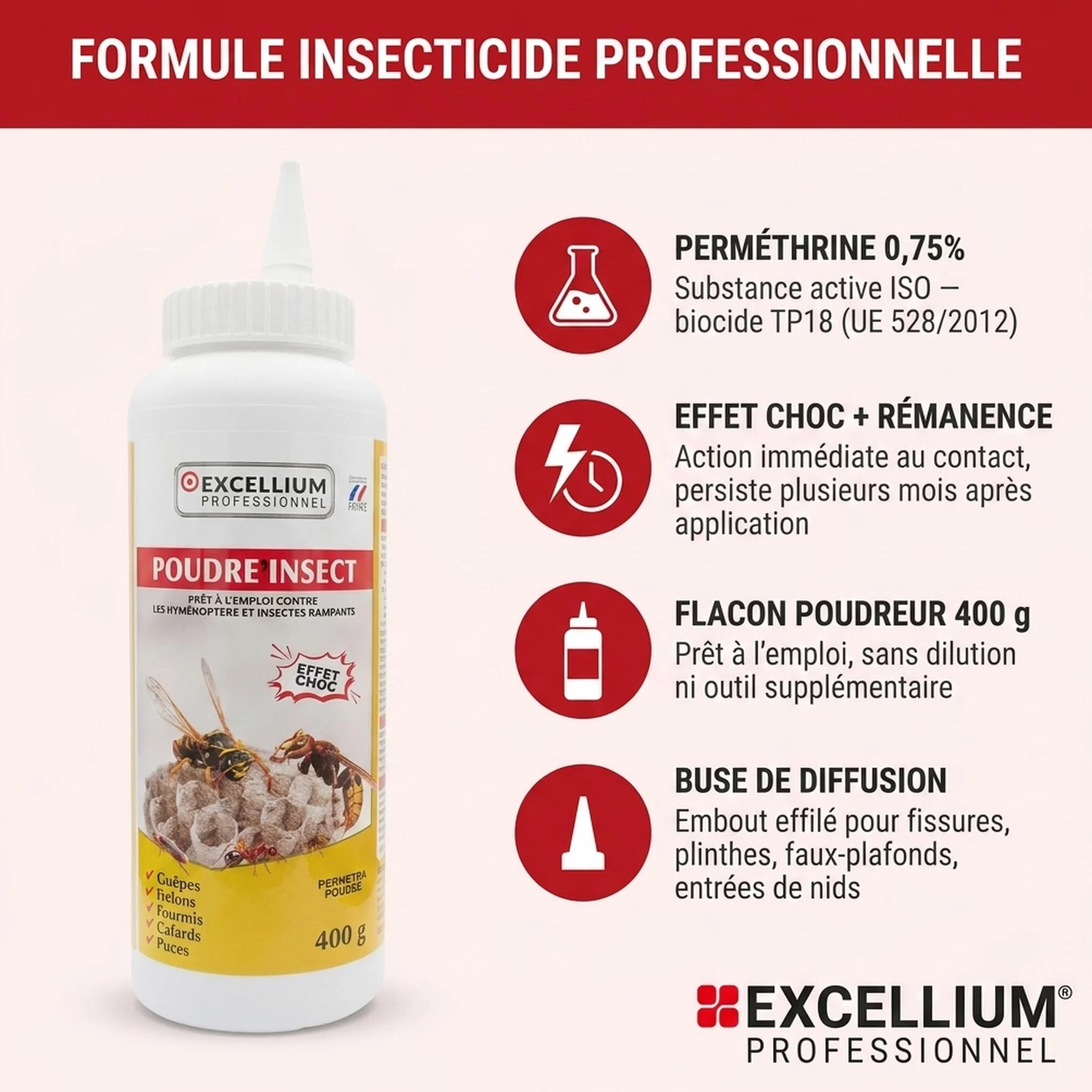 Poudre Insecticide Perméthrine 400g Anti Guêpes Frelons Fourmis Cafards Punaises Puces Effet Choc Longue Durée Flacon Poudreur