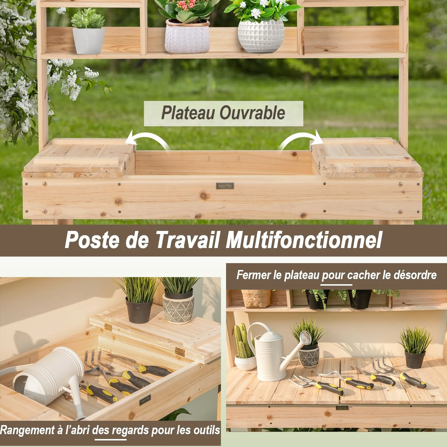 GOPLUS Table de Rempotage en Bois Plateau Ouvrable, Jardinage avec Étagères, Crochets et Tiroir, Charge 150 KG, 110 x 50 x 153 CM