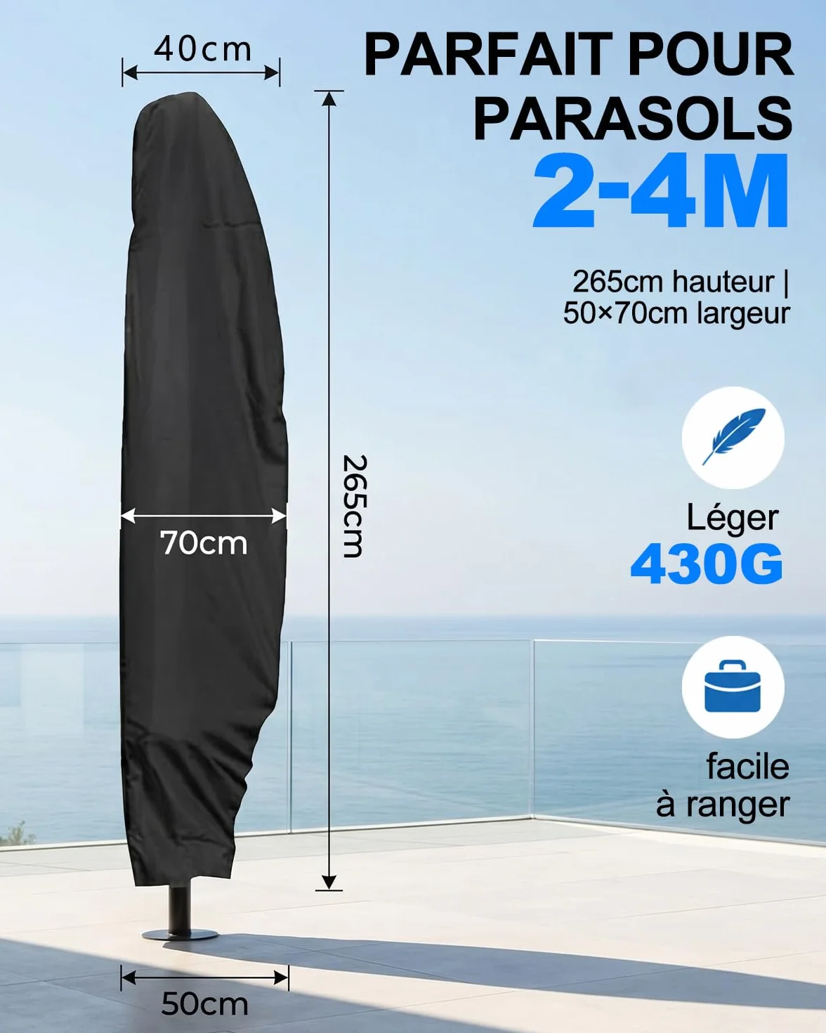 Housse Parasol Déporté Imperméable Oxford Anti-UV 265cm Protection Jardin Terrasse