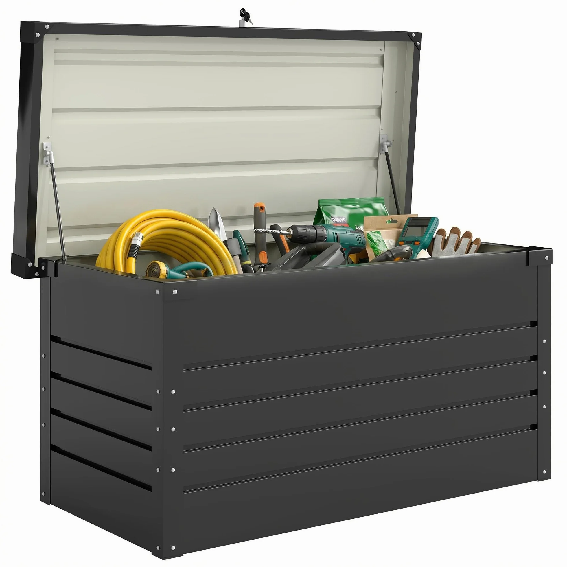 Outsunny Coffre de rangement métal 350L acier galvanisé étanche double vérins gaz verrouillable gris anthracite