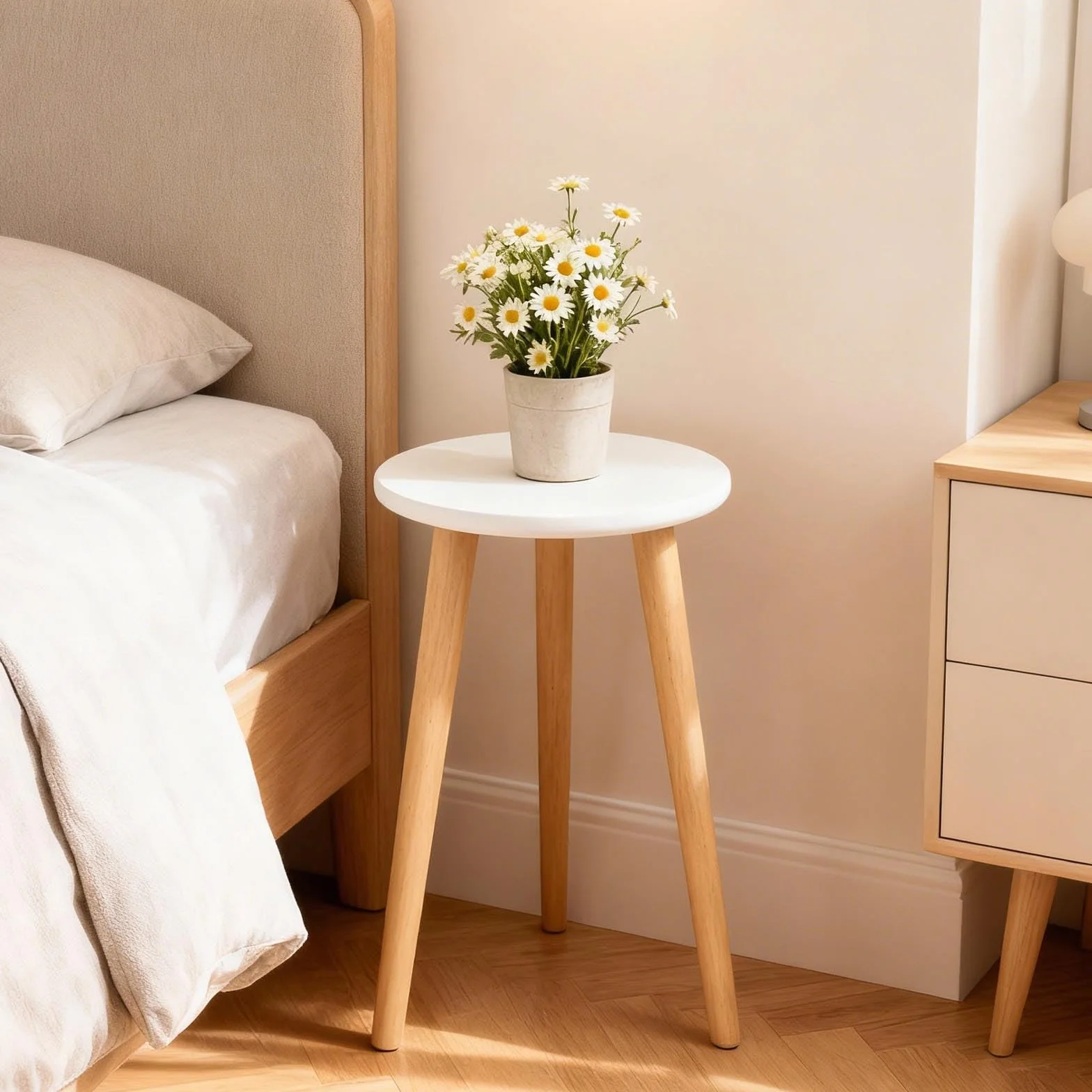 Support de Plantes en Bois Blanc Tabouret Rond pour Pots de Fleurs 42x28cm