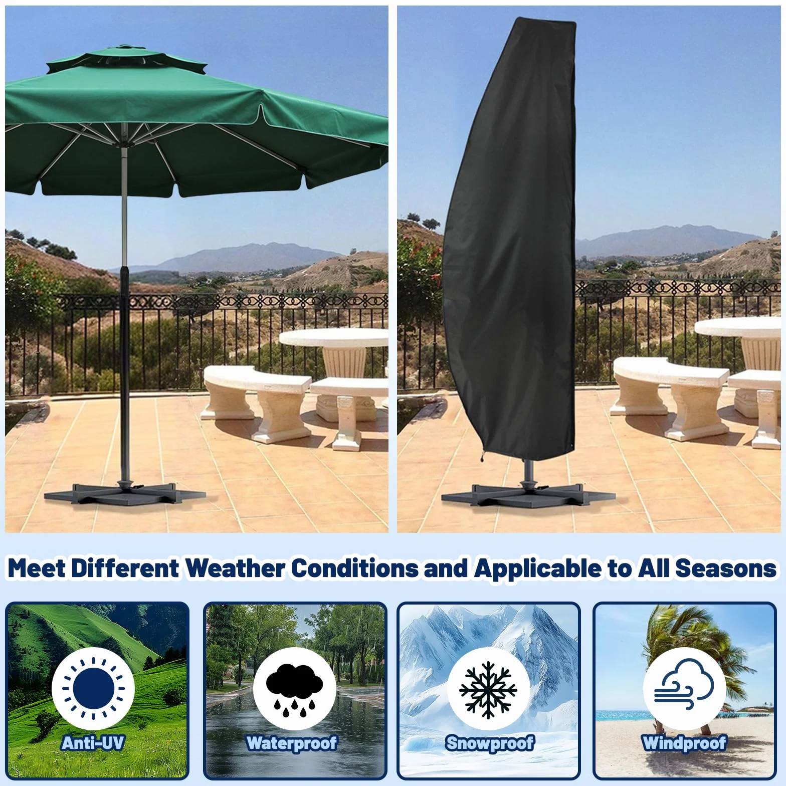 Housse de Parasol Déporté en Tissu Oxford 210D, Protection Anti-UV Imperméable, Fermeture éclair, Perche Télescopique, 265cm