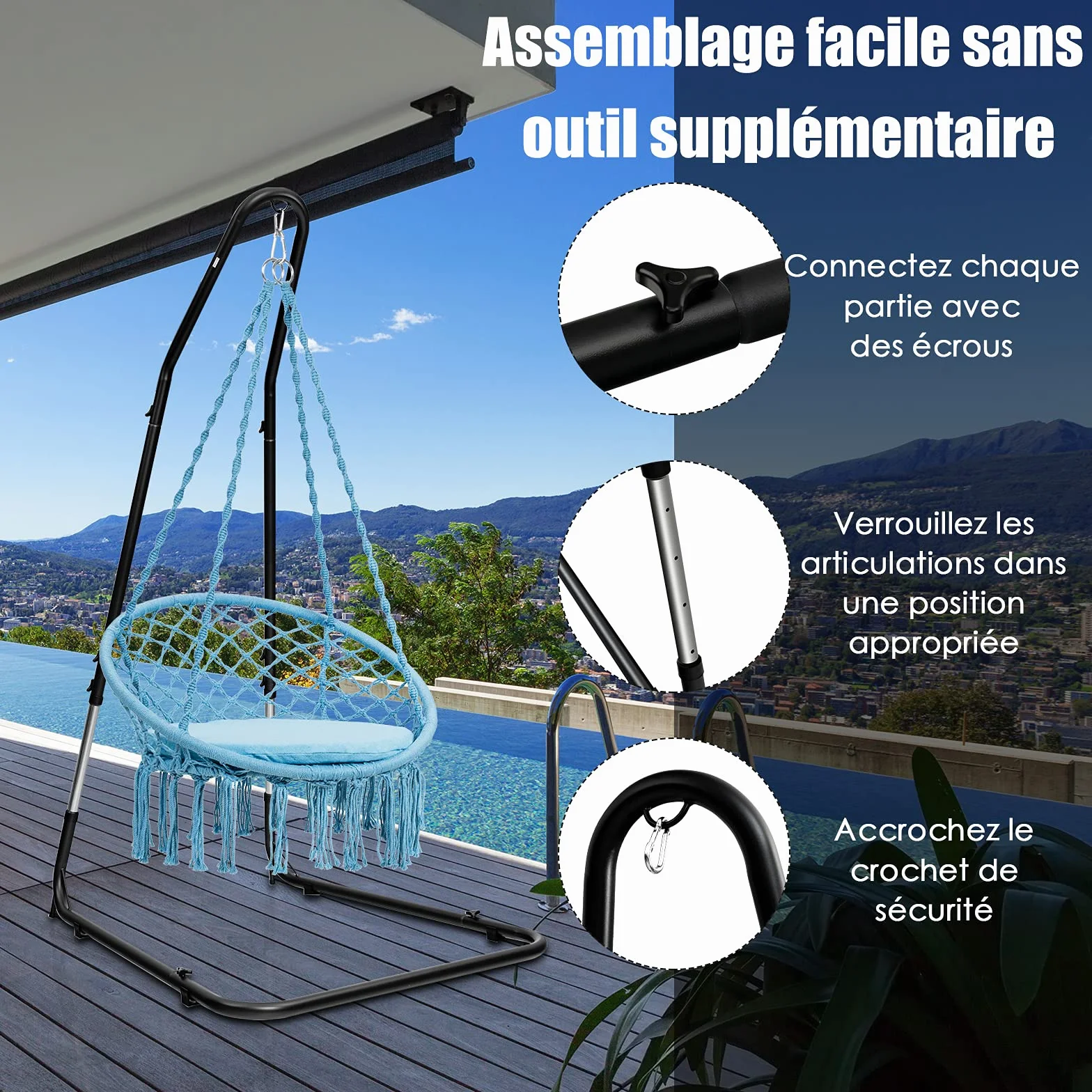 GIANTEX Fauteuil Support Hauteur Réglable 200-240CM, Support Hamac Acier, Crochet Sécurité, Pieds Antidérapants, Charge Max 150KG