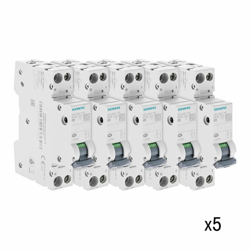 Siemens Ingenuity for life - Lot de 5 Disjoncteurs électriques phase + neutre 2A