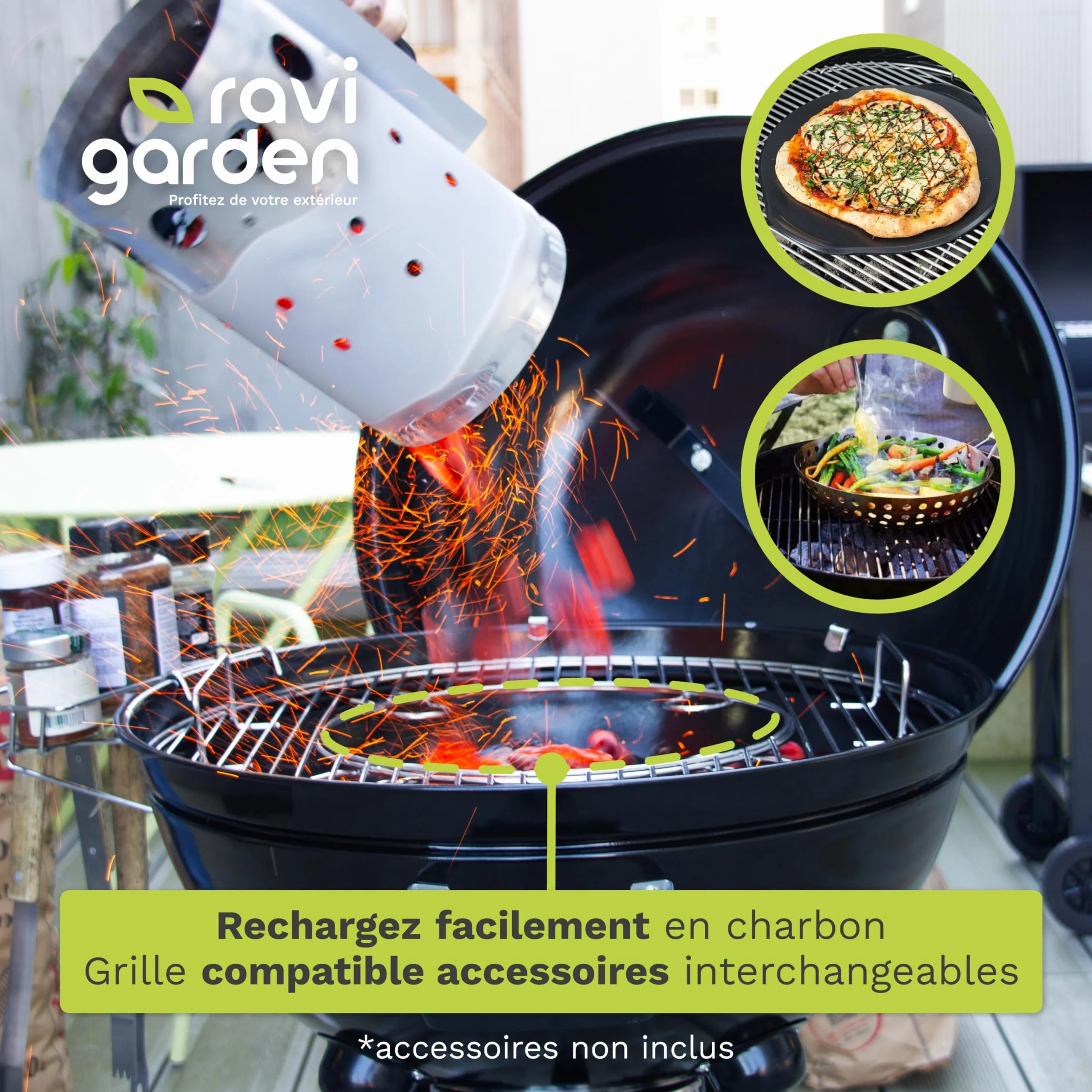 Barbecue Charbon de Bois 57 cm Rond avec Couvercle 4 Pieds pour 8-12 Personnes