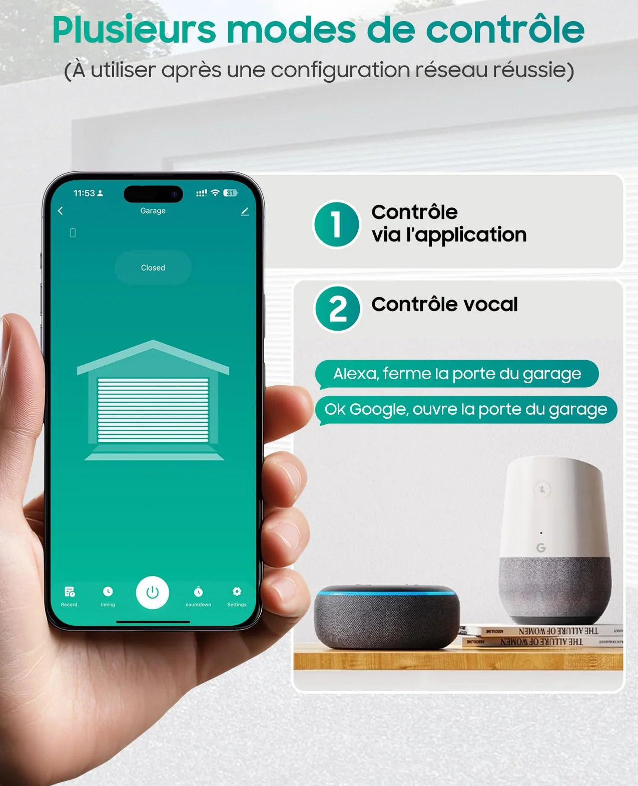 Yomogi Ouvre-Porte de Garage Wi-Fi, Module d’interrupteur Connecté de Garage, Contrôle Vocale et Programmation, Compatible Alexa/Google Home/Smartlife, Facile Installation