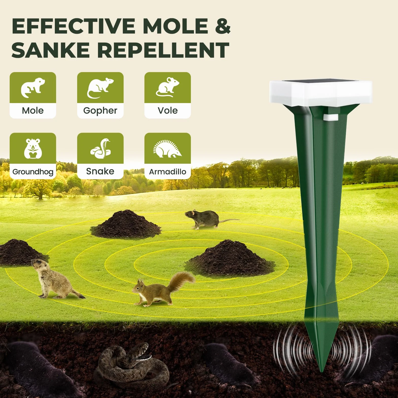 Anti Taupe Solaire Étanche 3 Modes Vibration LED, Répulsif Taupe Serpent Rongeurs Jardin 2 Pièces Vert