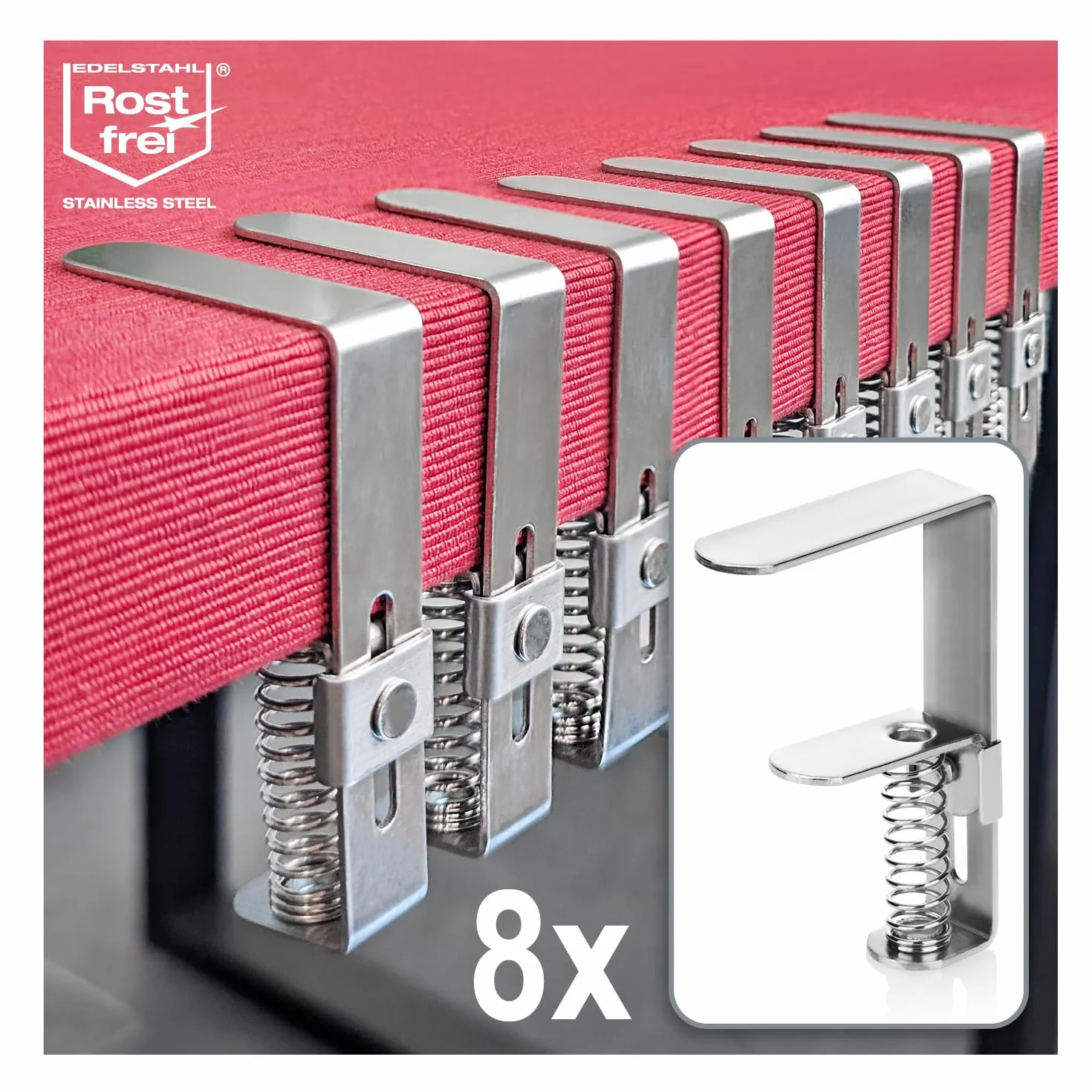 Pince à Nappe Premium en Acier Inoxydable 8X - Pinces de Table avec Ressort pour Tables 2,7-5,5 cm - Antirouille Intérieur Extérieur