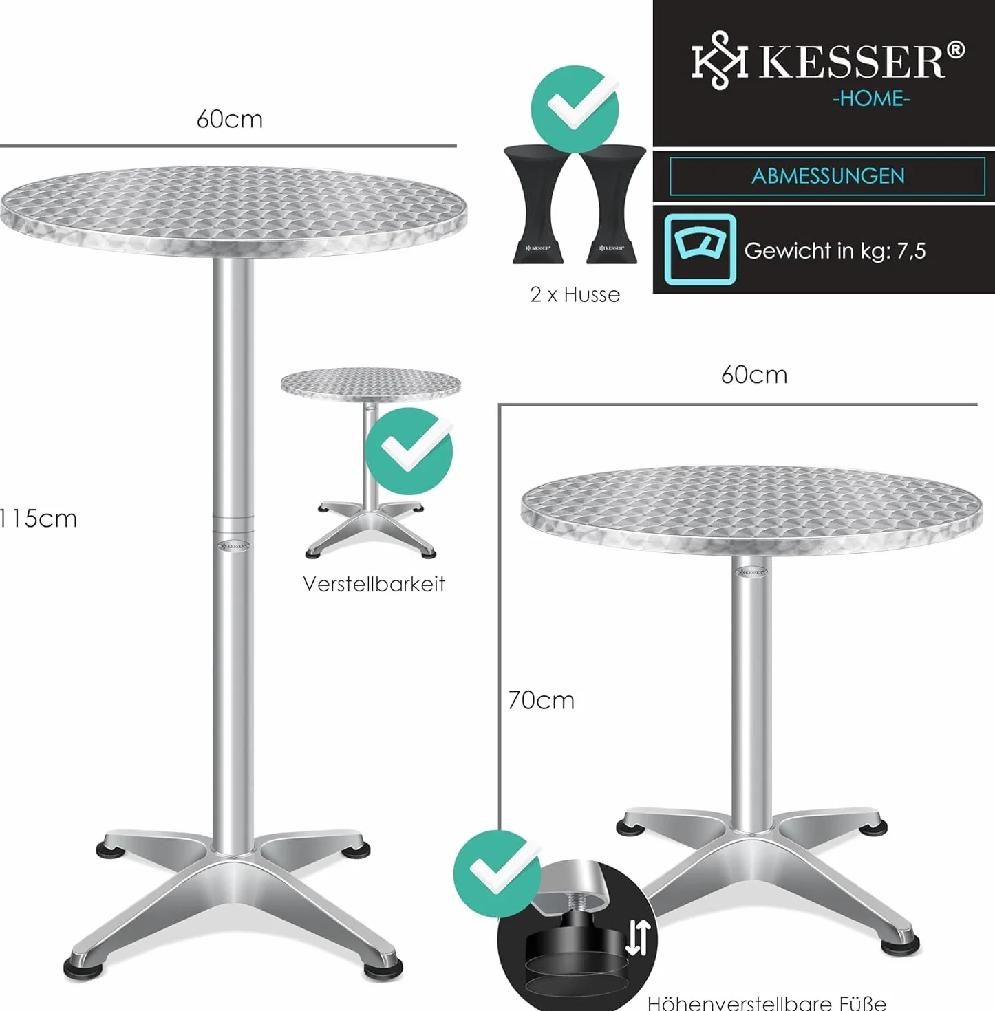KESSER Table de bistrot 2 en 1 aluminium acier inoxydable hauteur réglable 70/115 cm ronde intérieur extérieur housse incluse argenté