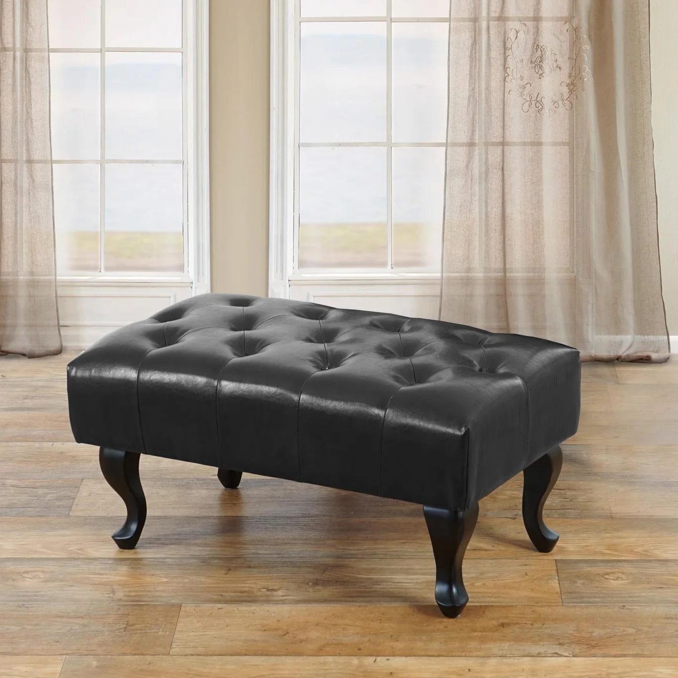 Mendler Pouf Ottoman de Luxe Lounge Chesterfield Similicuir Noir Pieds Antiques