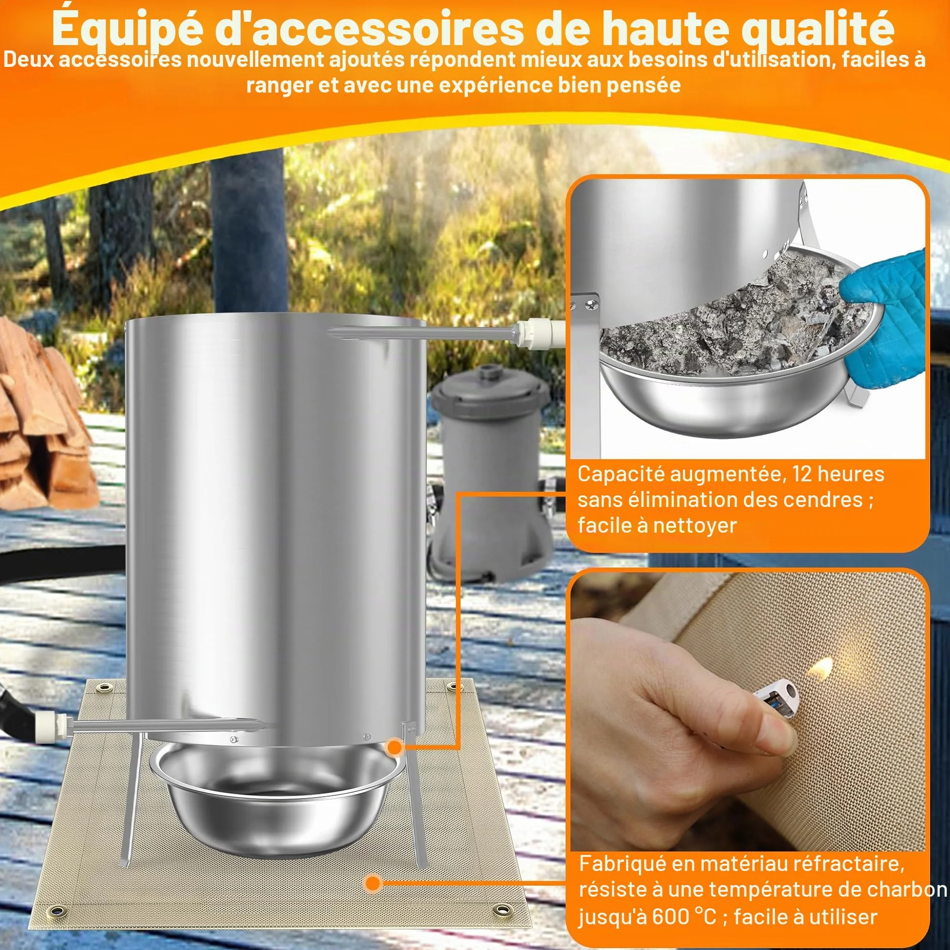 Brasero de piscine en acier inoxydable Ø 32/38 mm avec spirale chauffante et tapis ignifuge