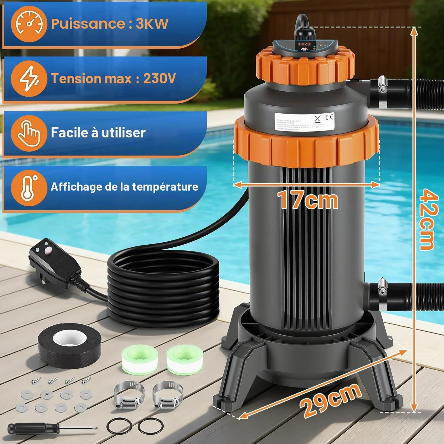 Chauffage électrique piscine Ø 17 x 42 cm interface numérique 32-38 mm protection anti-fuite anti-basculement ignifuge 45 °C