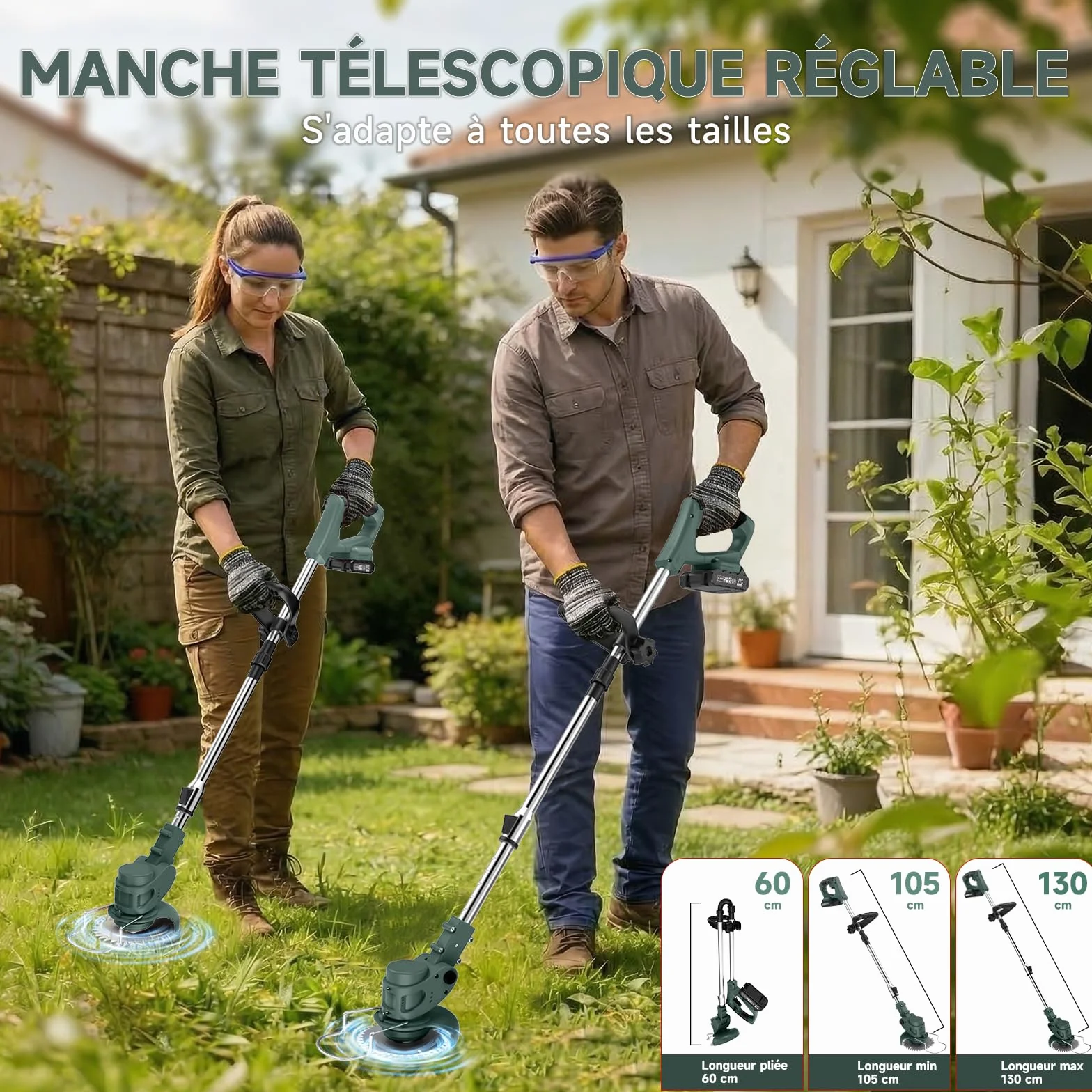 Debroussailleuse Electrique sans Fil 850W Rotofil 60cm Manche Telescopique 2x2000mAh 26 Lames Vert Lierre