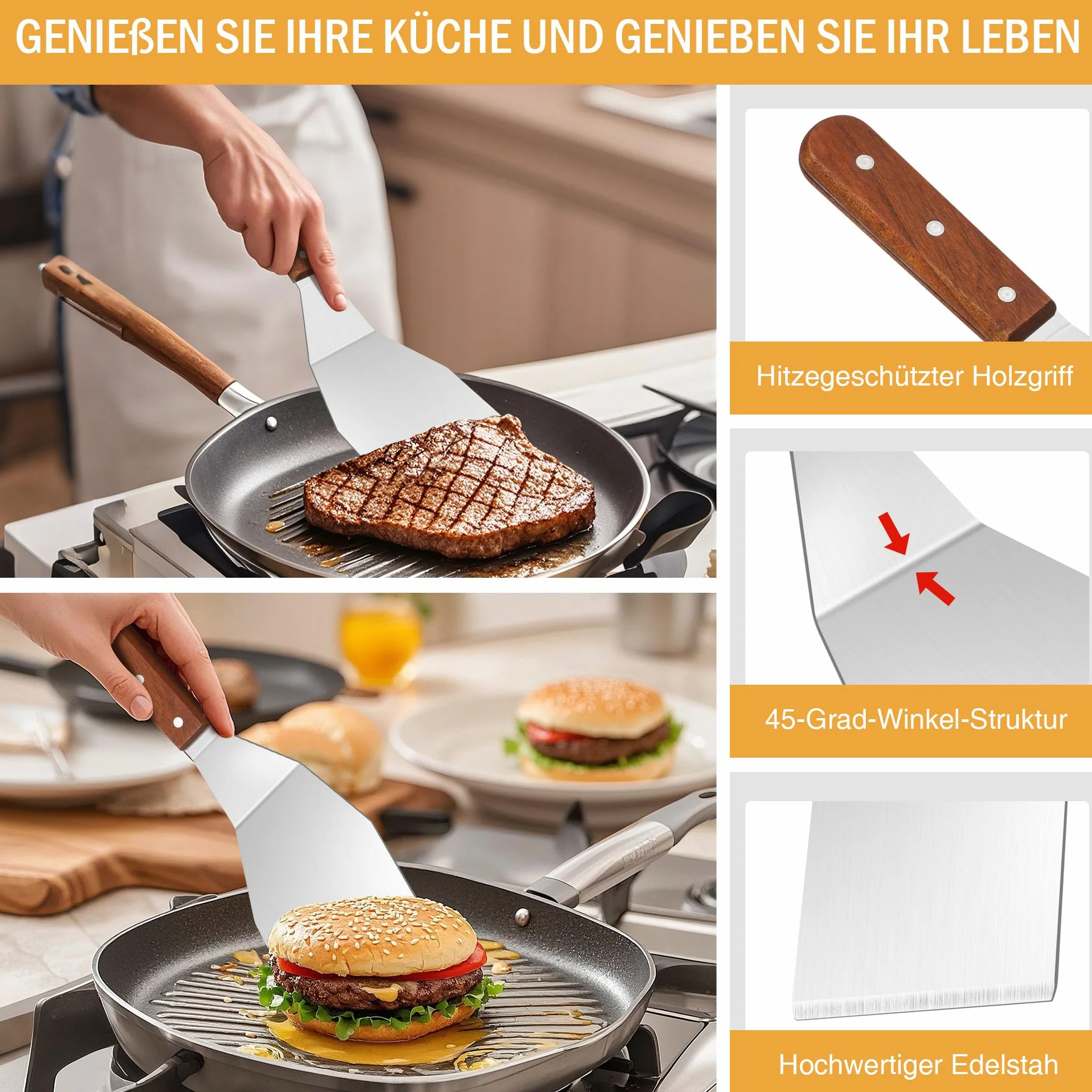 Spatule en inox 34x11 cm avec manche en bois résistante à la chaleur pour cuisine barbecue crêpe pizza