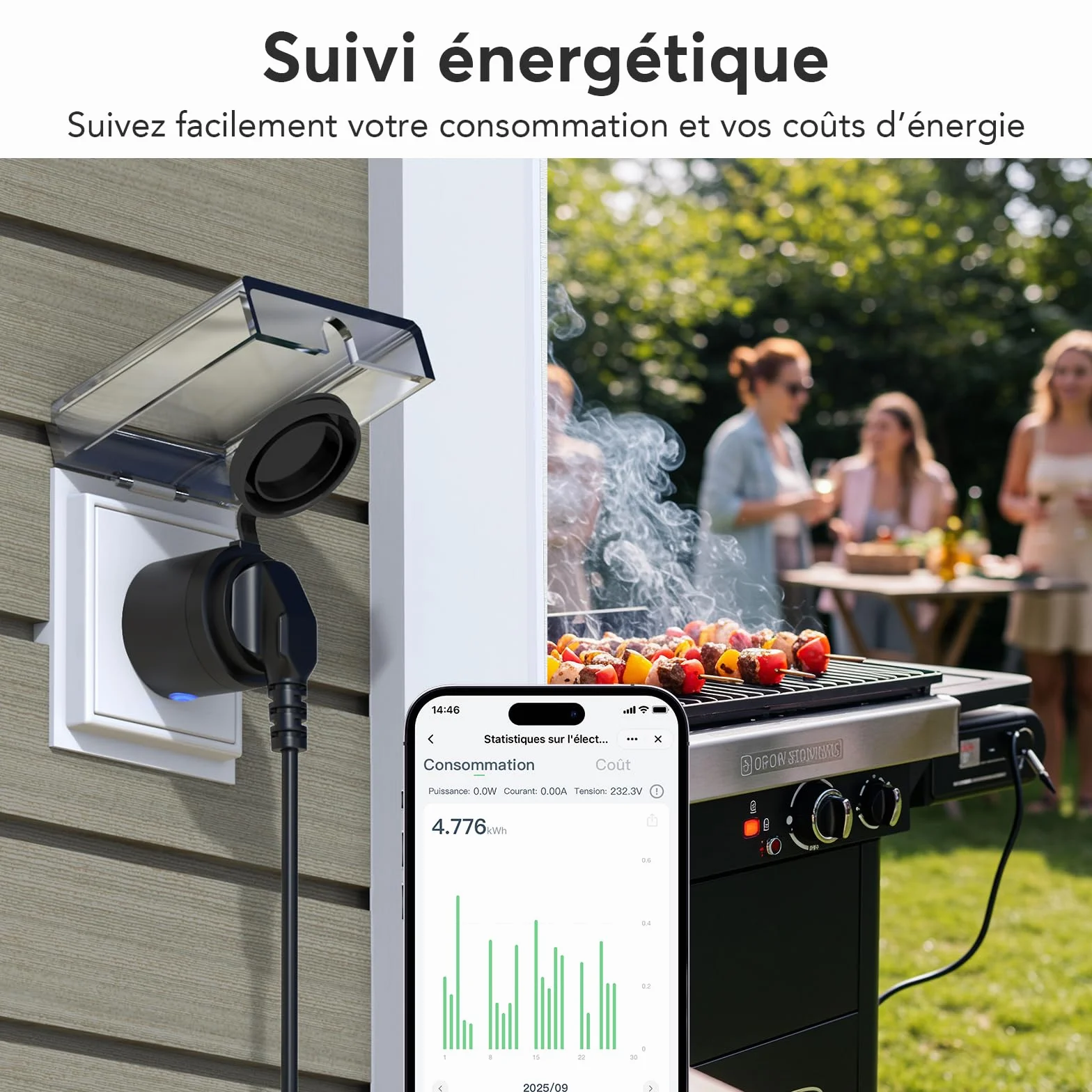 EIGHTREE Prise Wi-Fi d'extérieur - Minuterie d'extérieur - Avec mesure du courant IP44 - Étanche - Avec minuterie, télécommande et commande vocale - Compatible avec Alexa et Google Home
