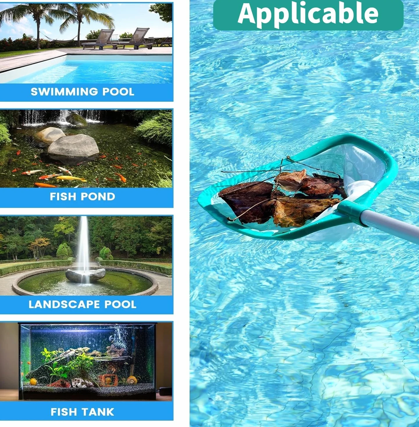 KAHEIGN 160CM Épuisettes de Surface pour Piscine, Filet de Nettoyage Feuilles avec 4 Poteaux Aluminium