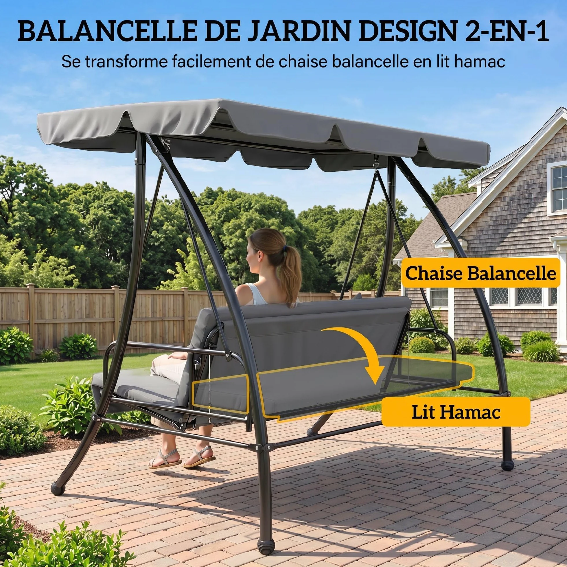 Outsunny Balancelle de Jardin 3 Places Convertible Toit réglable Matelas fourni métal Polyester Noir Gris Clair