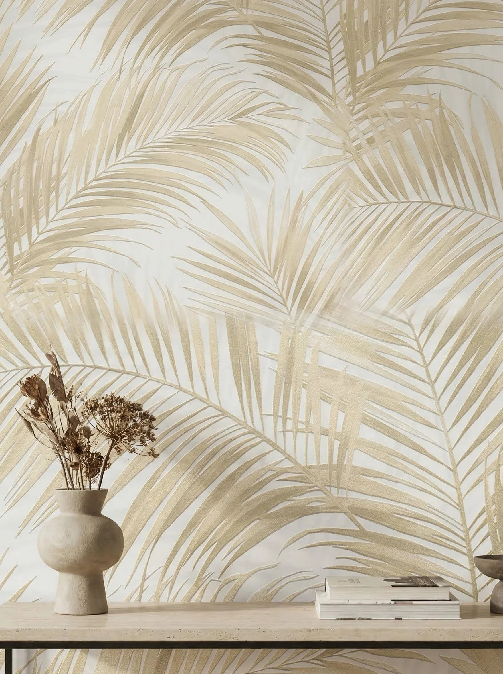 Newroom Papier Peint Beige Intissé avec motif feuilles pour Salon et Chambre - Vinyle Texturé 10,05x0,53m Made in Germany