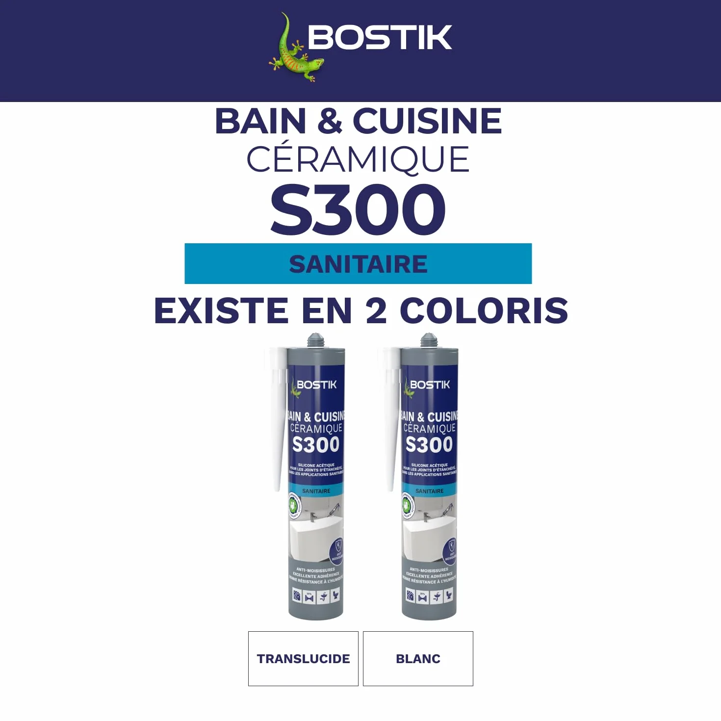 Bostik S300 – Mastic Silicone Etanchéité Bain et Cuisine – Traité Anti Moisissure – Facile à Lisser – Résiste aux Produits d'Entretien – Blanc – Cartouche de 300 ml