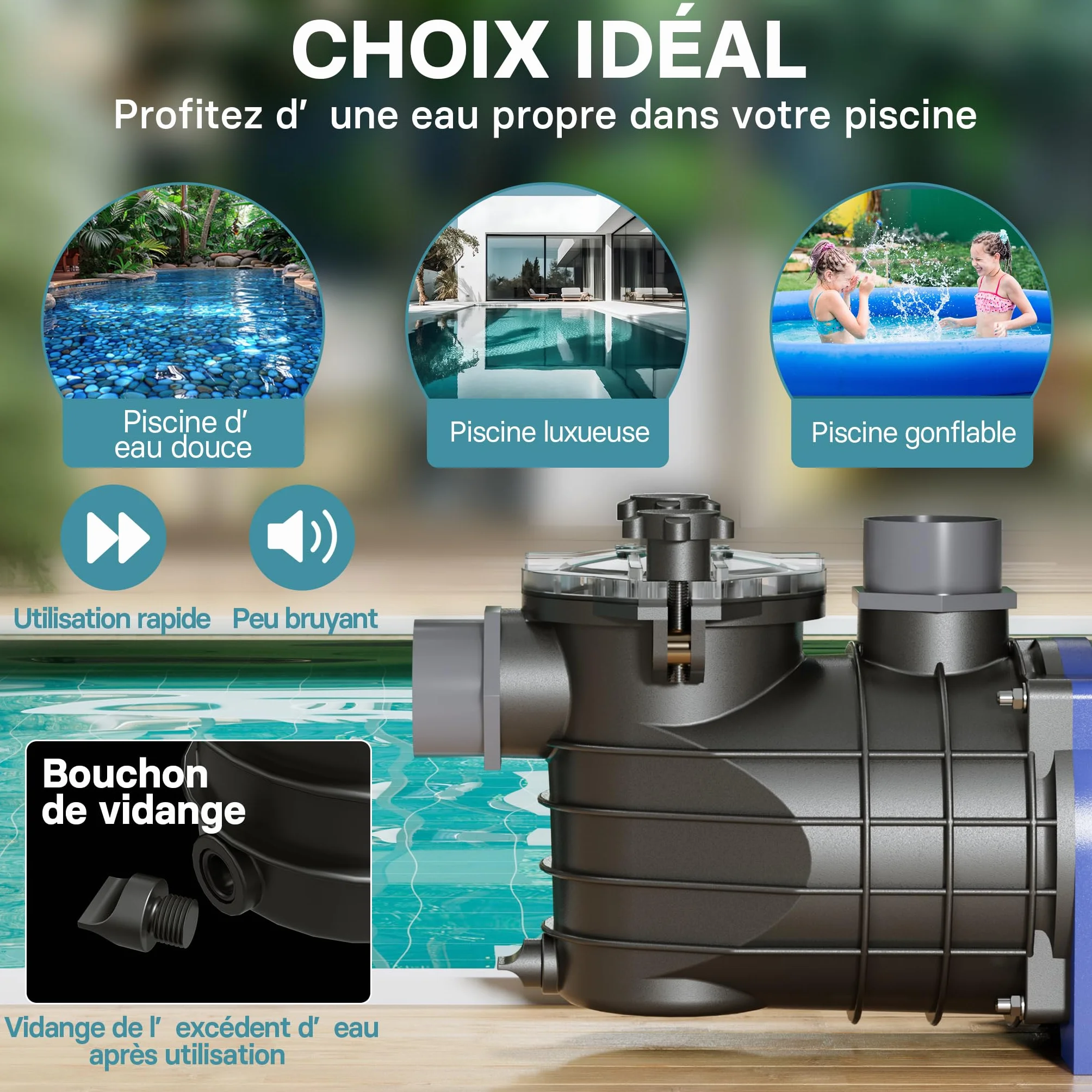 Pompe piscine 180 W Débit 10800 l/h Hauteur refoulement 8 m Filtration Eau